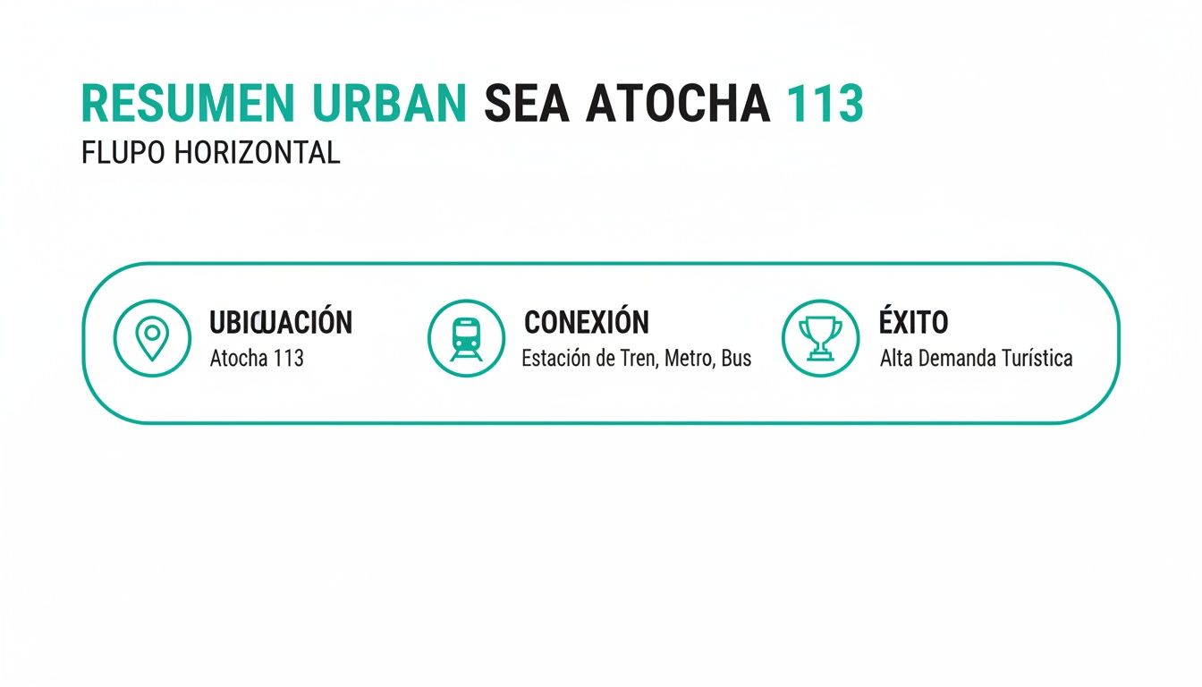 Resumen de las ventajas del proyecto Urban Sea Atocha 113: ubicación, conexión con transporte y alta demanda turística.
