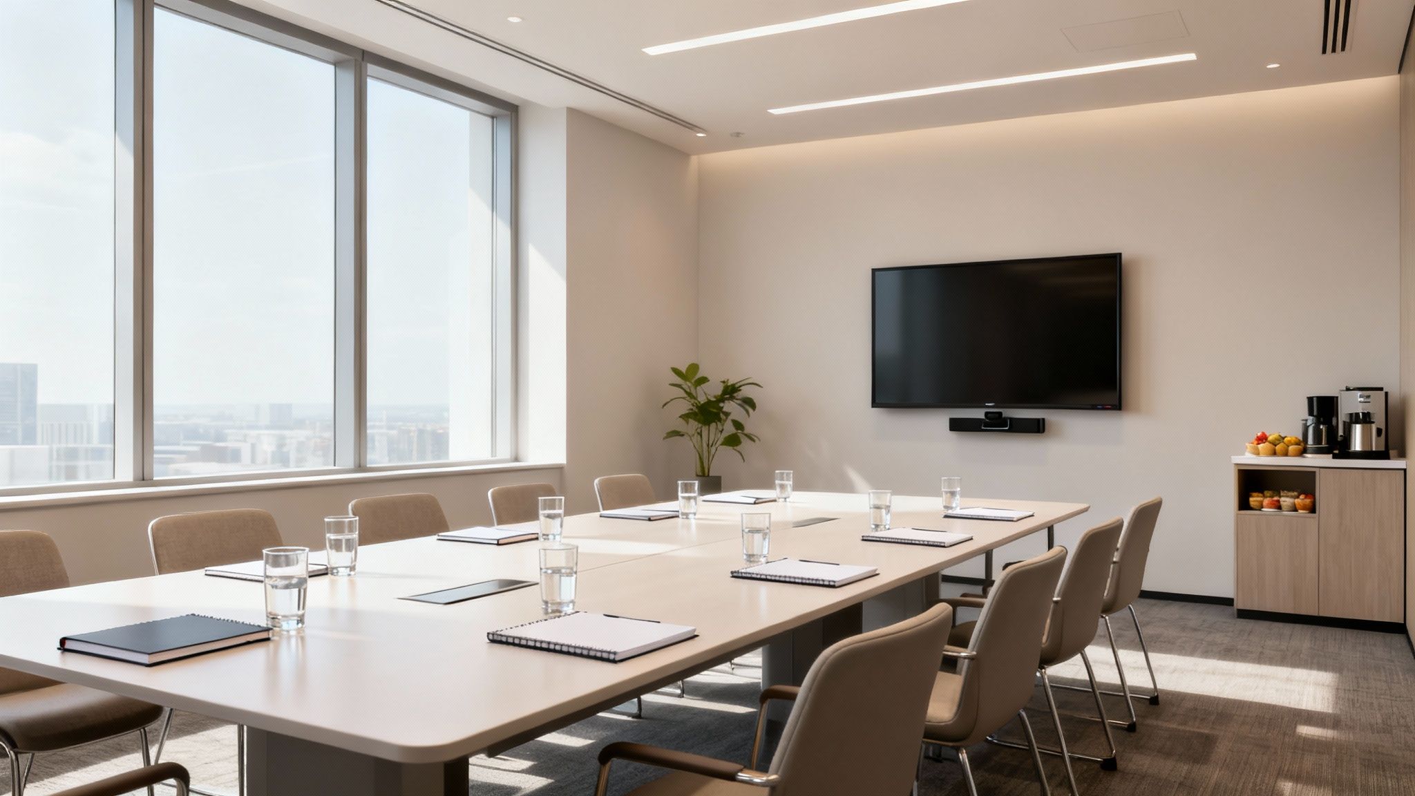 Sala de reuniones moderna con mesa grande, sillas, pantalla, estación de café y vistas urbanas.