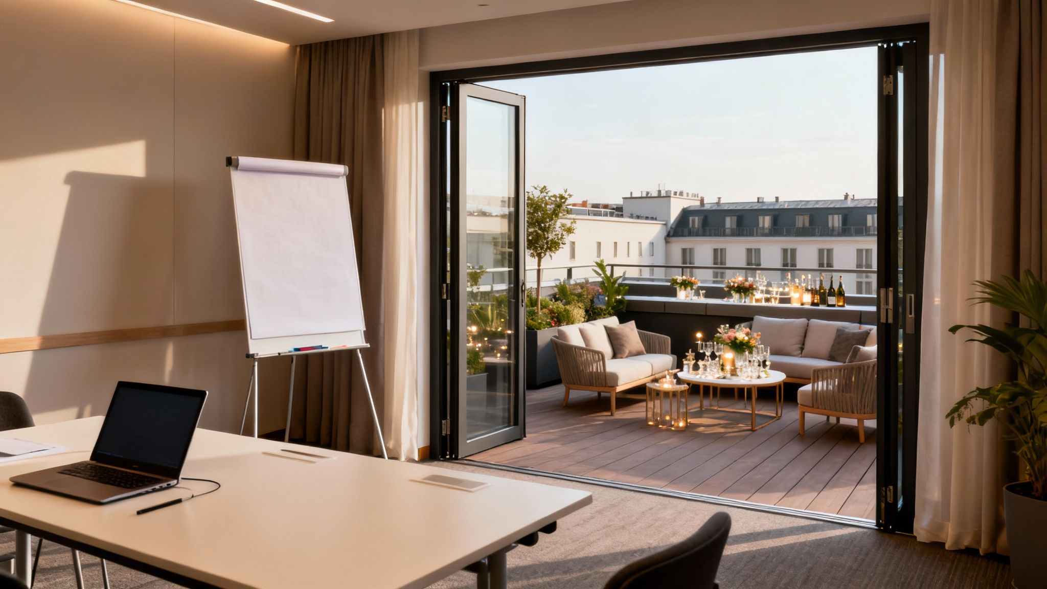 Moderna sala de reuniones con laptop y flip chart, y una terraza con asientos, plantas, botellas y luces.