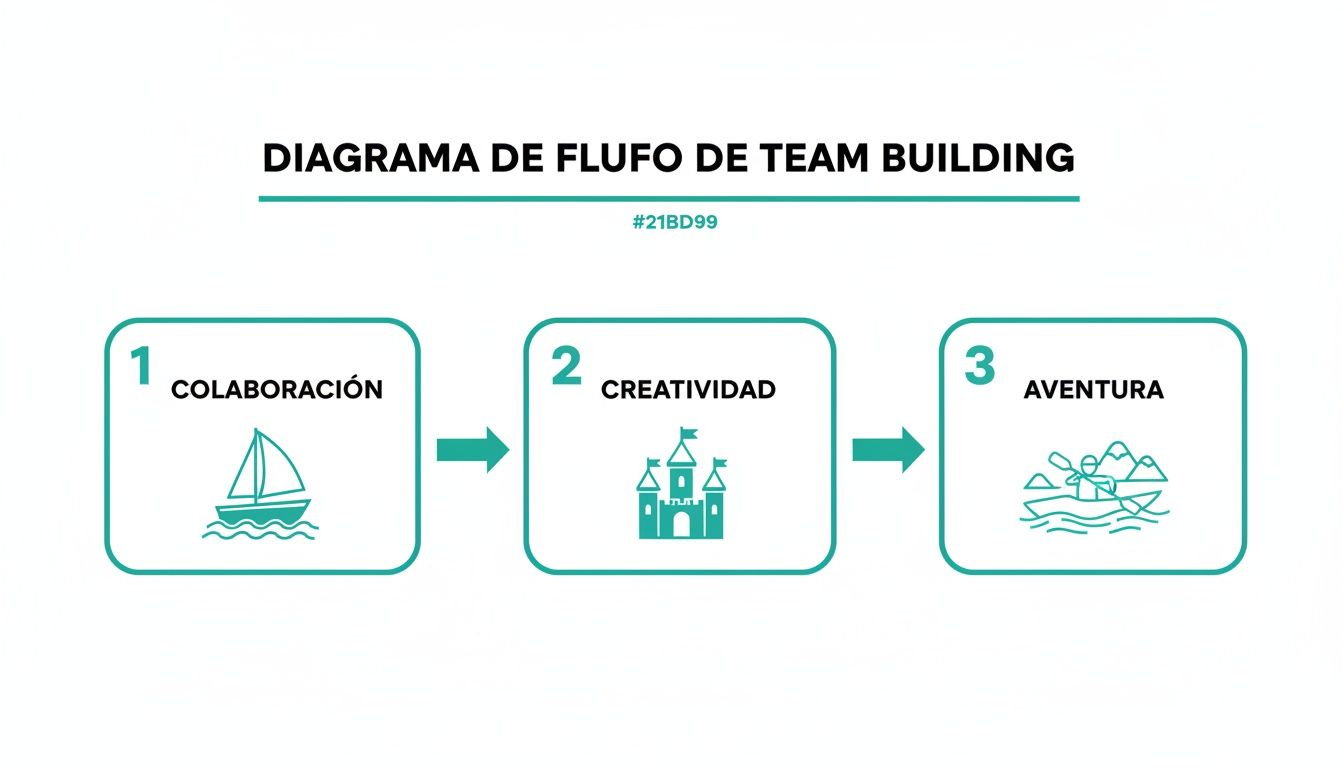 Diagrama de flujo de team building con los pasos de colaboración, creatividad y aventura, ilustrados con iconos.