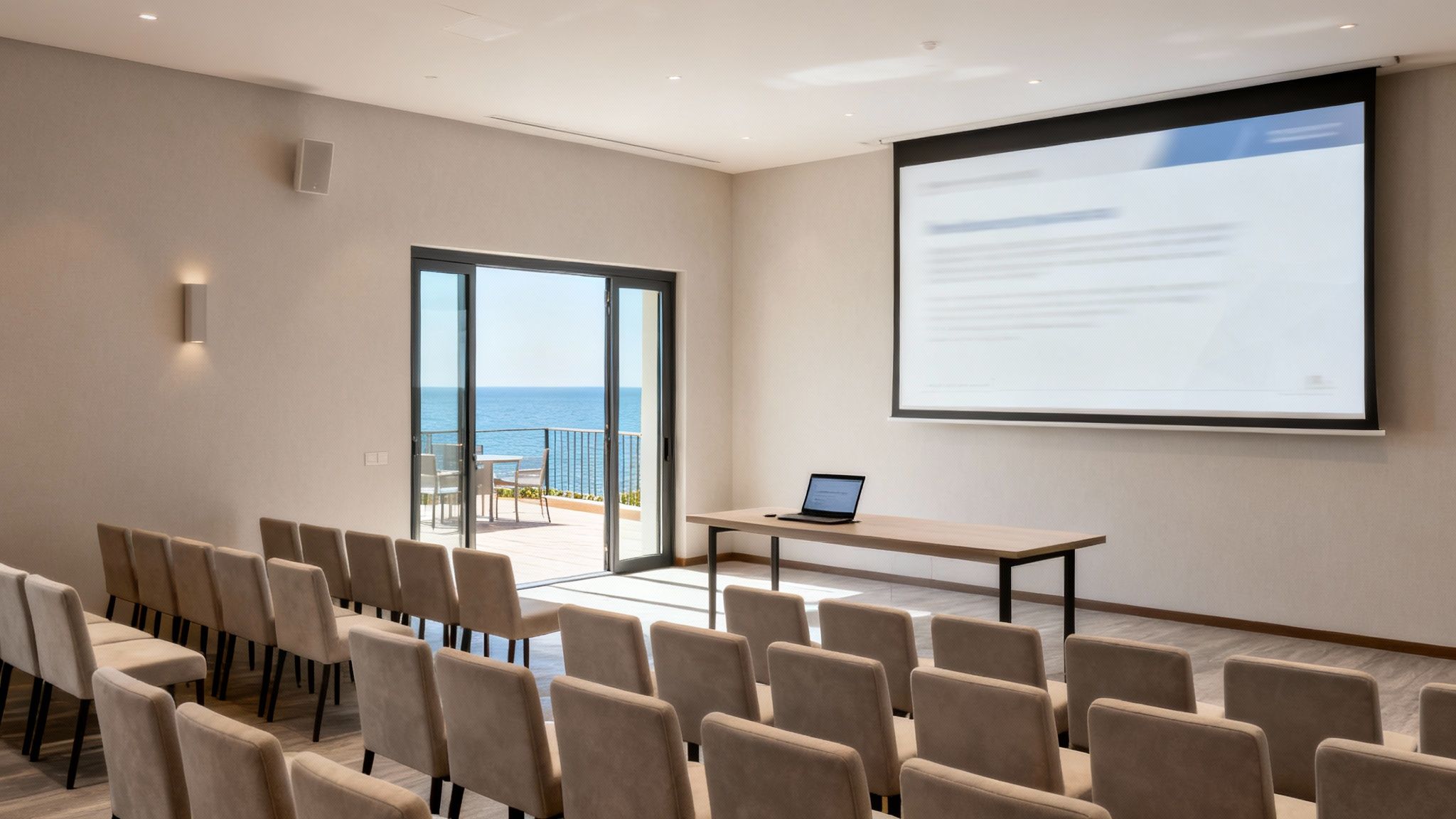 Sala de conferencias moderna con filas de sillas, proyector, portátil y balcón con vistas al mar.
