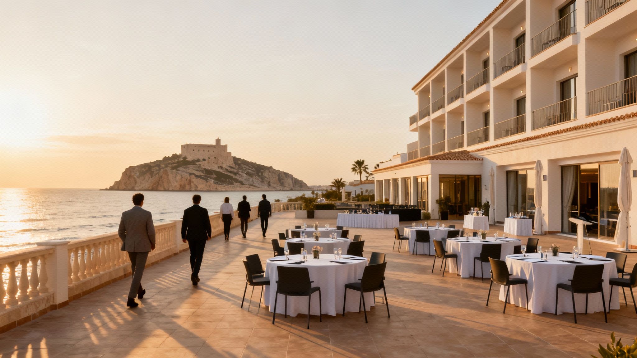Terraza de hotel junto al mar con mesas preparadas, personas paseando y un castillo en la distancia al atrecer.