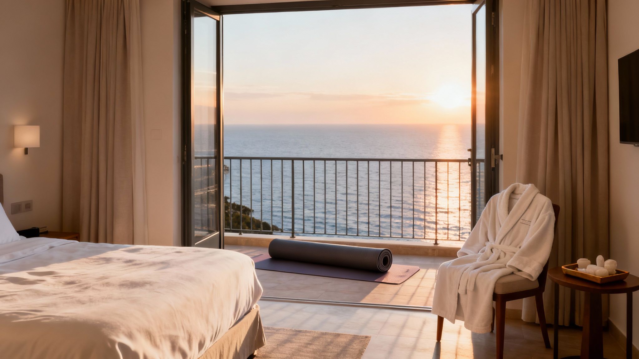 Habitación de hotel con cama, albornoz y balcón con vistas al mar y una esterilla de yoga al atardecer.