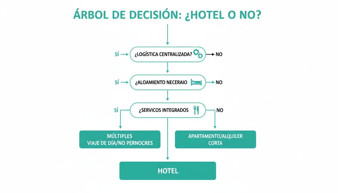 Diagrama de árbol de decisión sobre si elegir un hotel, apartamento o viaje de día, basado en logística y servicios.
