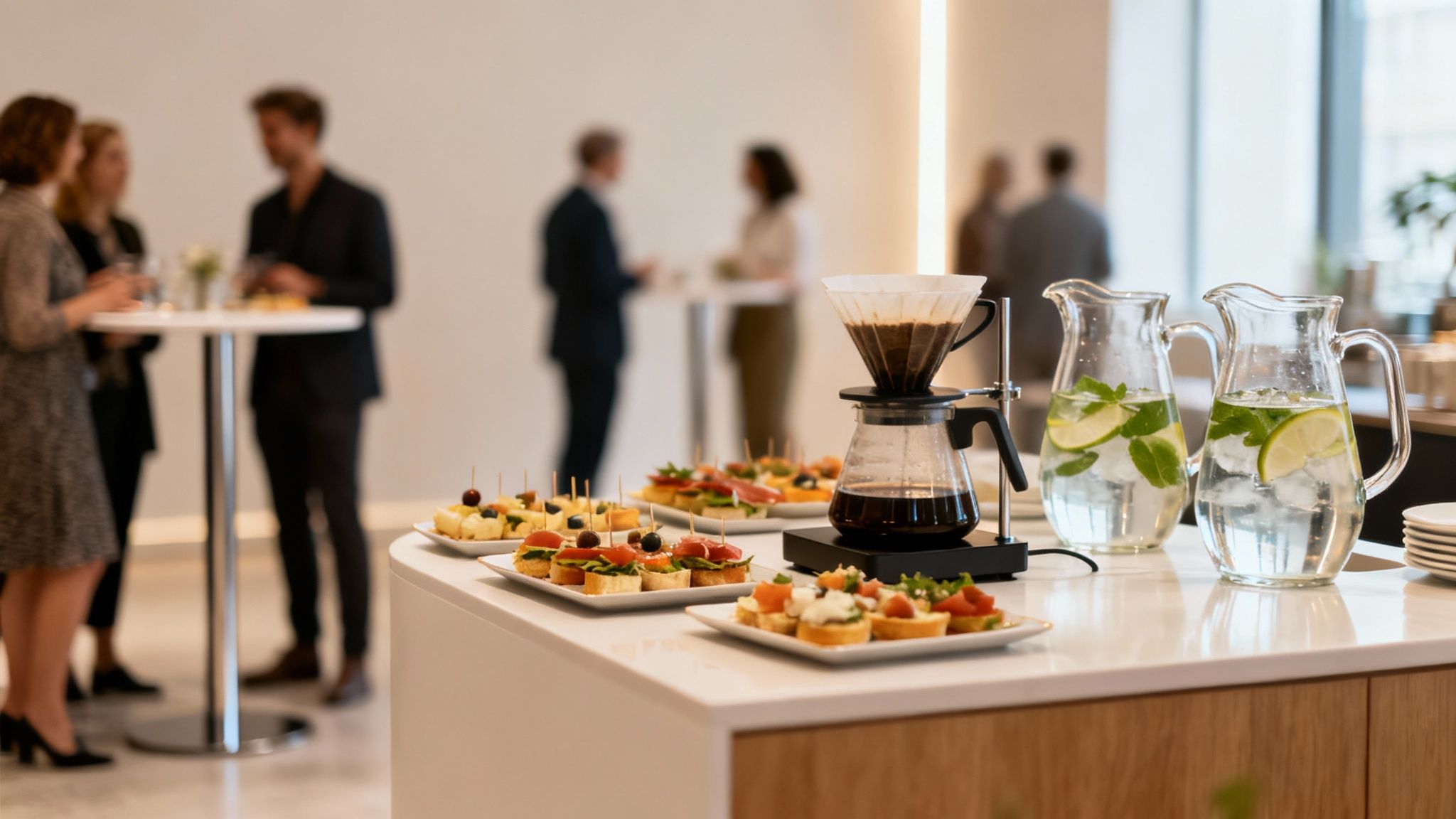 Mesa de catering con canapés, café recién hecho y jarras de agua en un evento de networking.