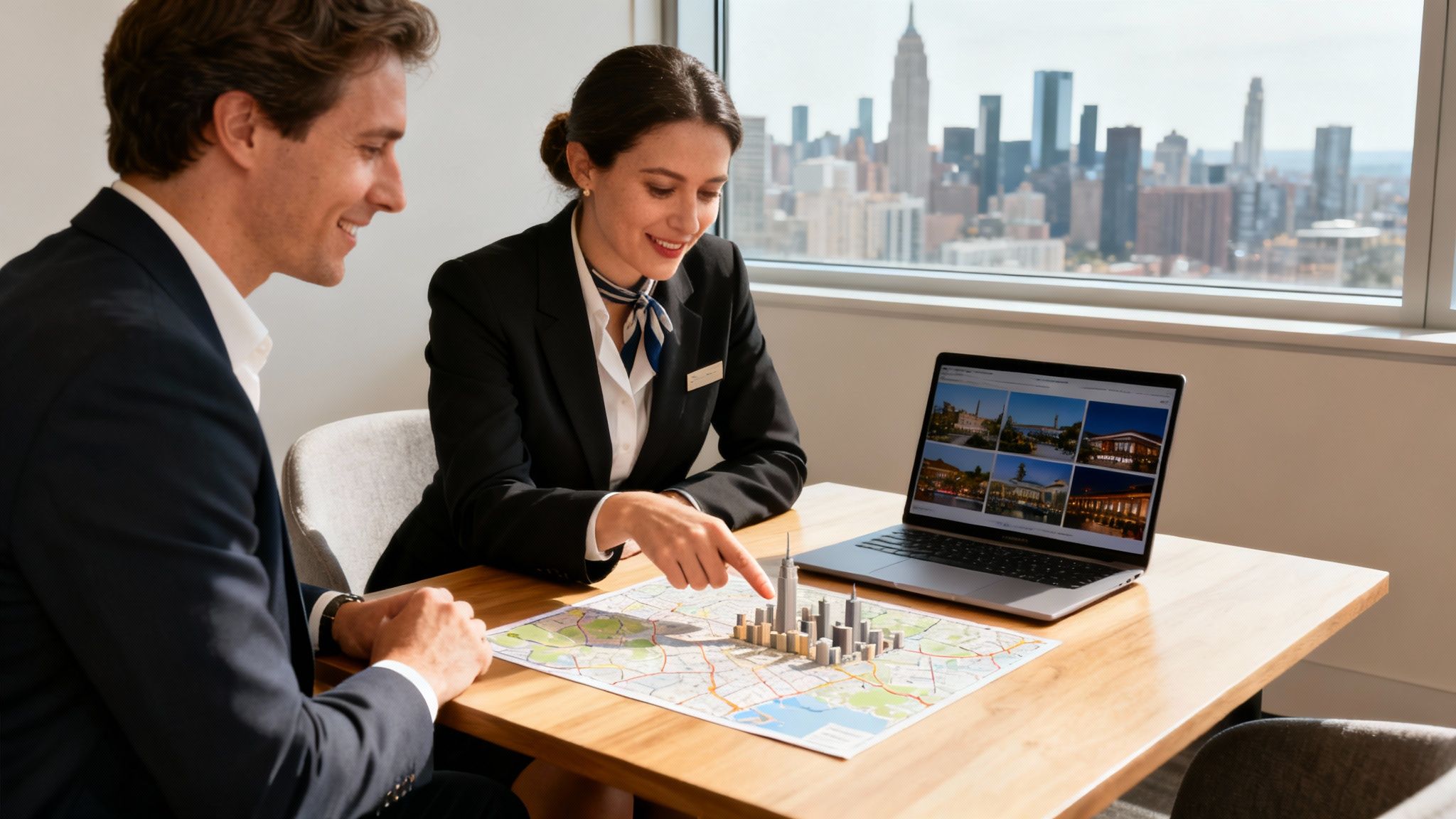Asesora de viajes señalando maqueta de ciudad en mapa a cliente, con vista urbana.