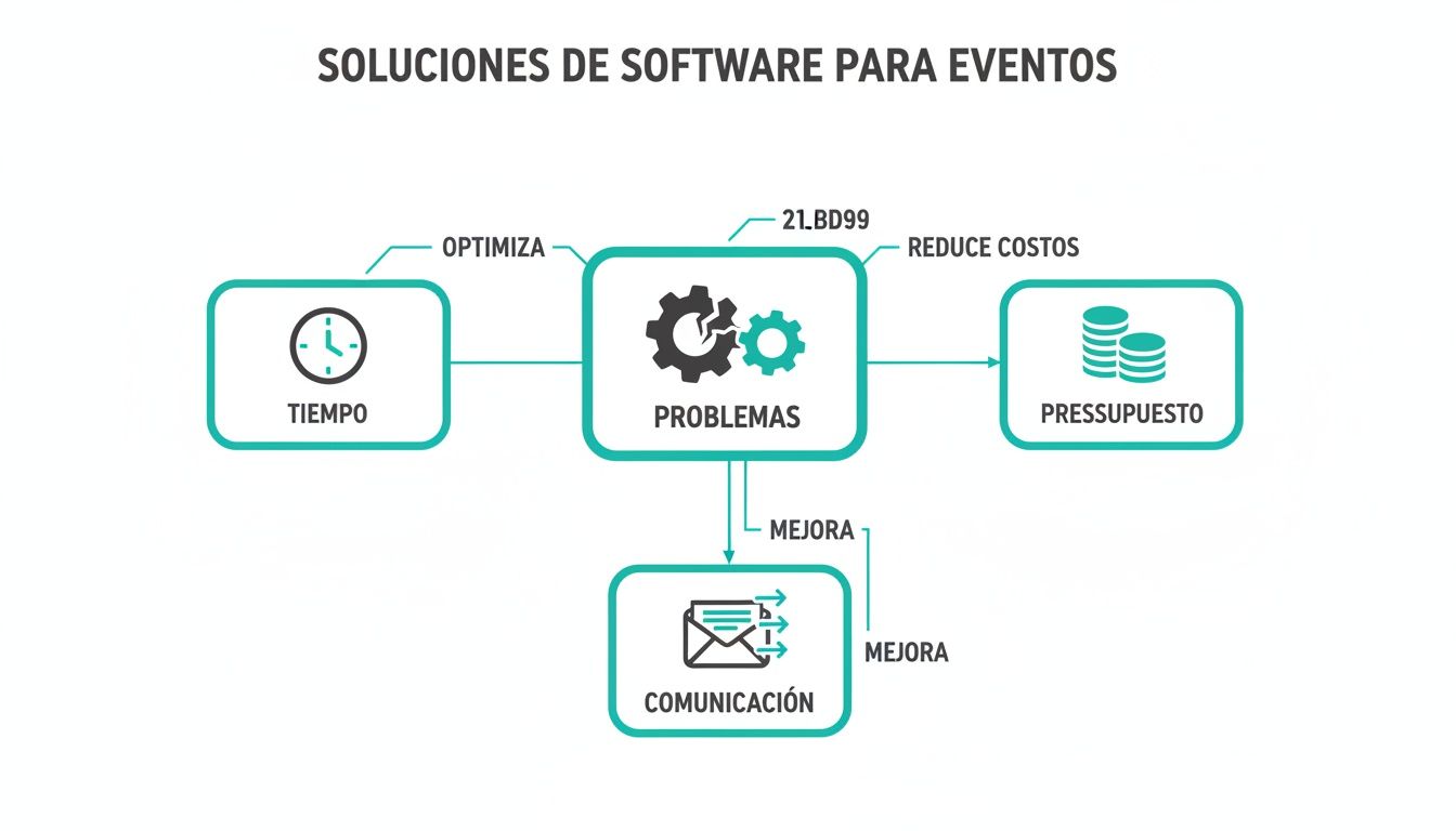 Diagrama que muestra cómo el software para eventos optimiza tiempo, reduce costos y mejora la comunicación para resolver problemas.