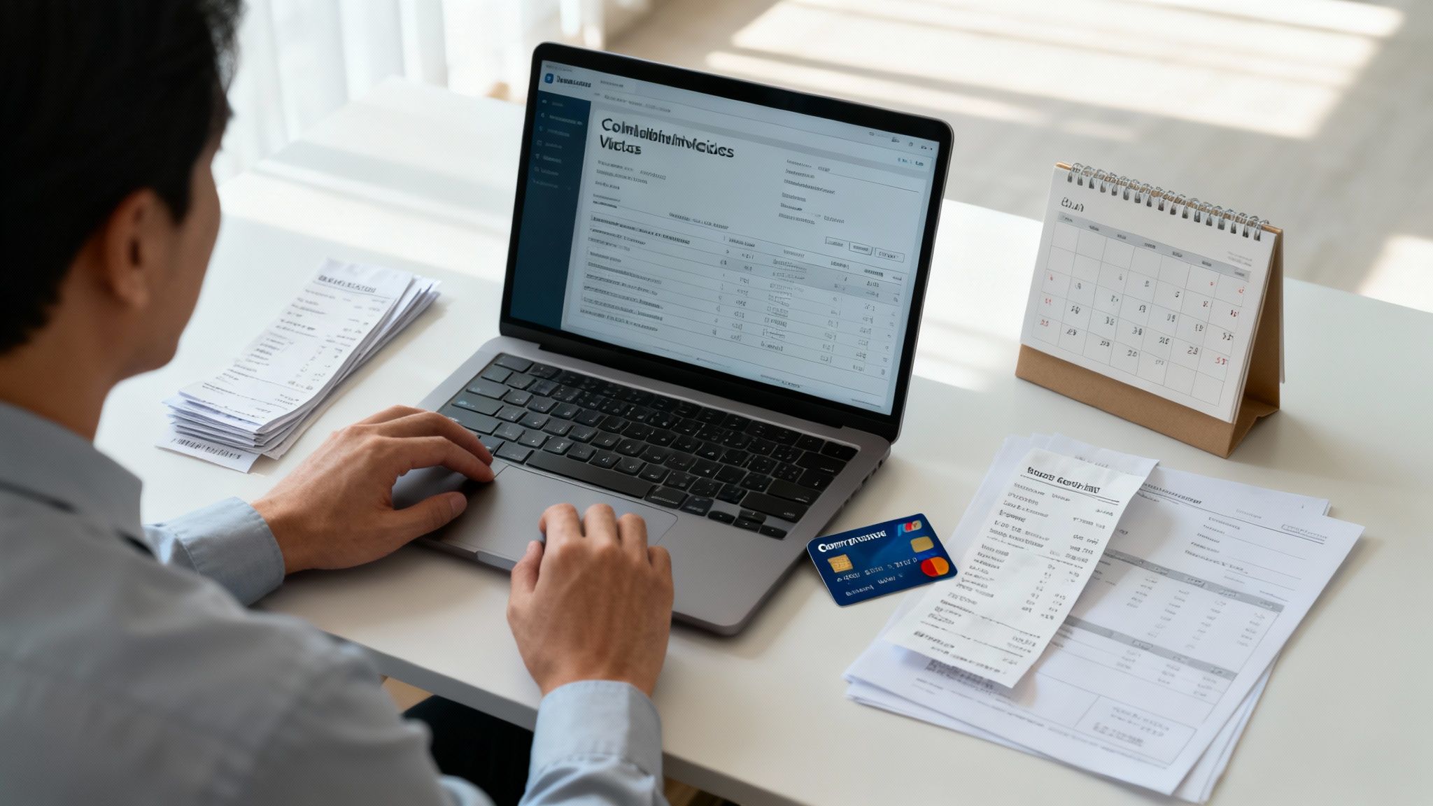 Hombre gestionando finanzas en laptop, con recibos, tarjeta de crédito y calendario en el escritorio.