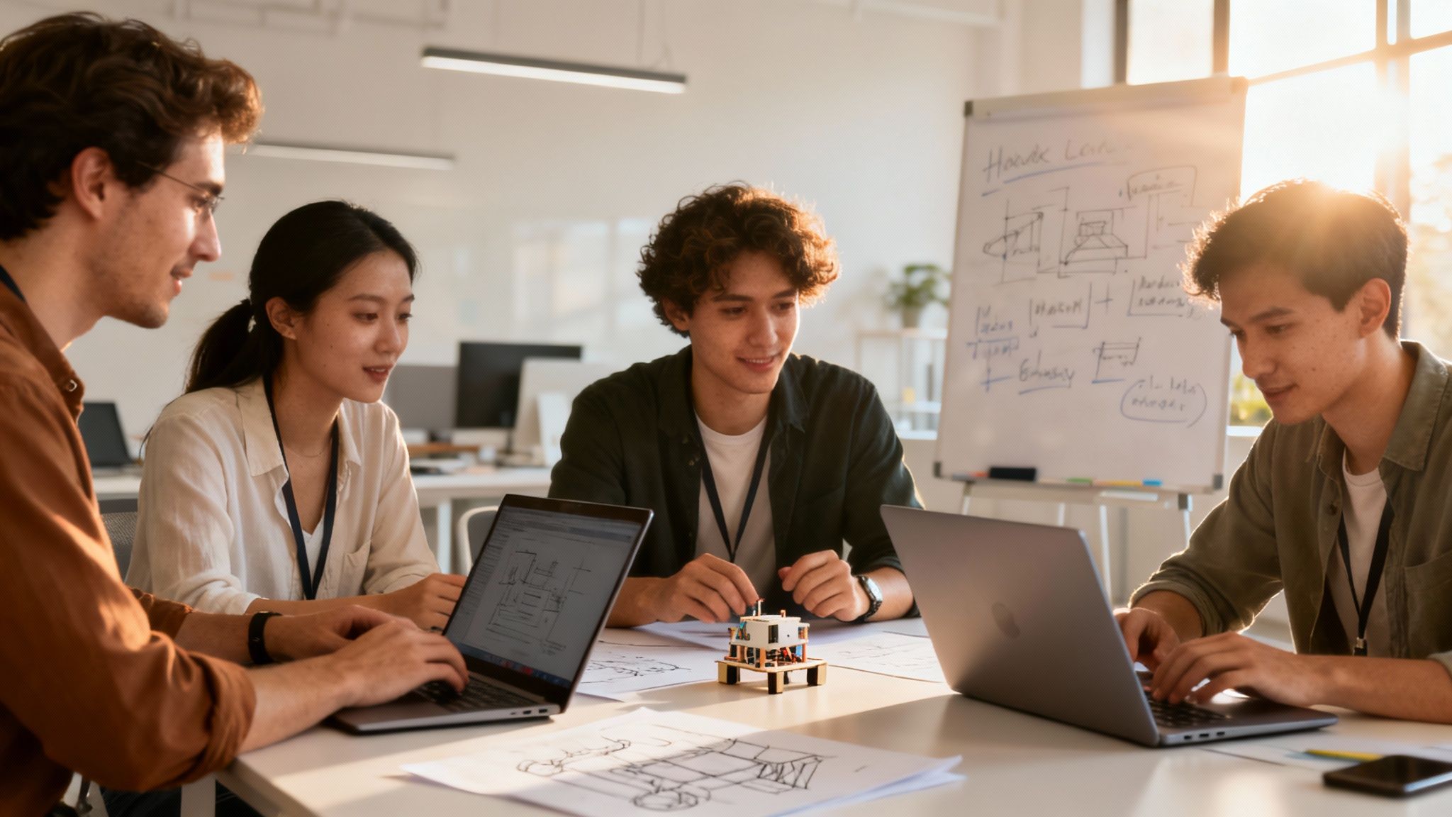Cuatro jóvenes estudiantes o colegas colaboran en un proyecto de diseño e ingeniería con laptops y un robot.
