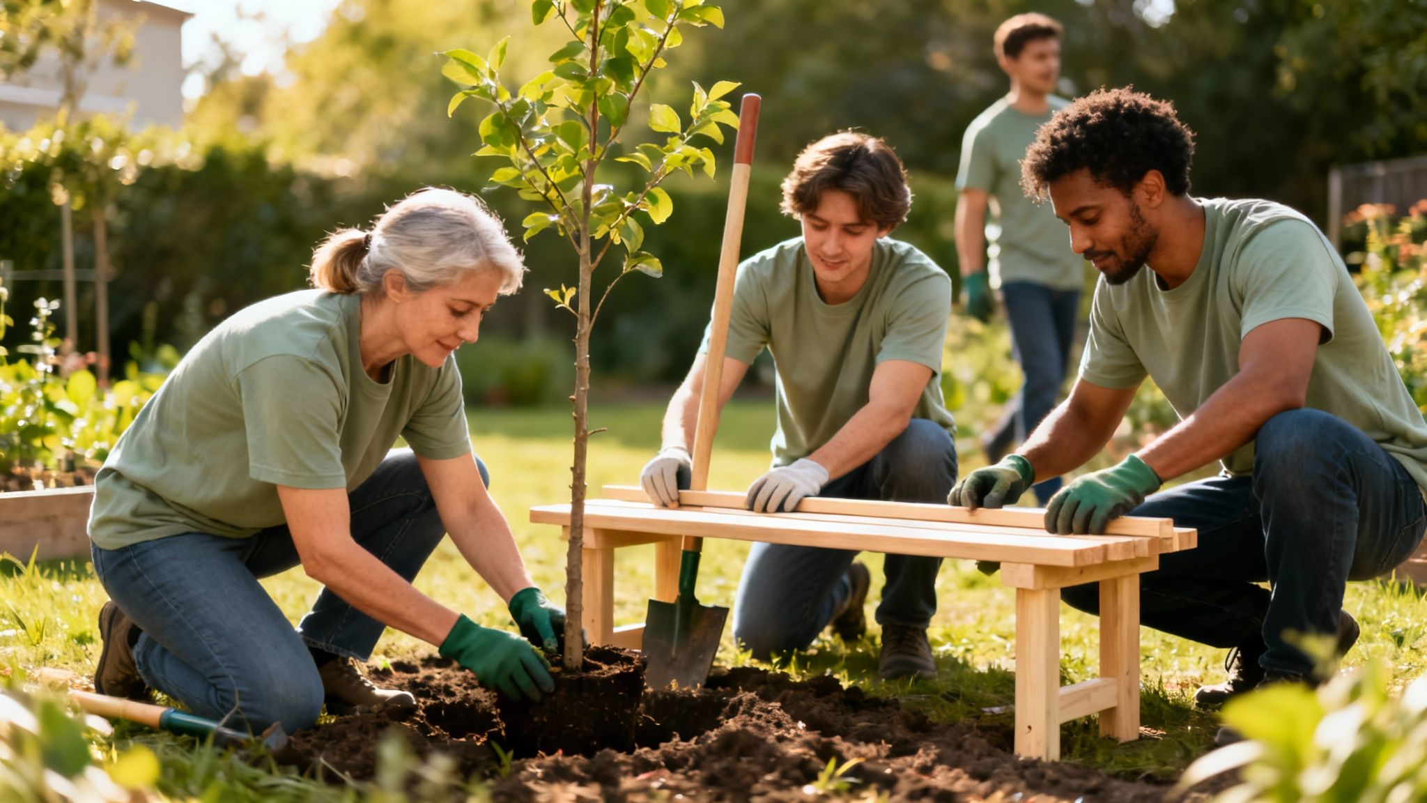 Voluntarios de diversas edades plantan un árbol joven con palas y guantes en un jardín soleado, colaborando en equipo.
