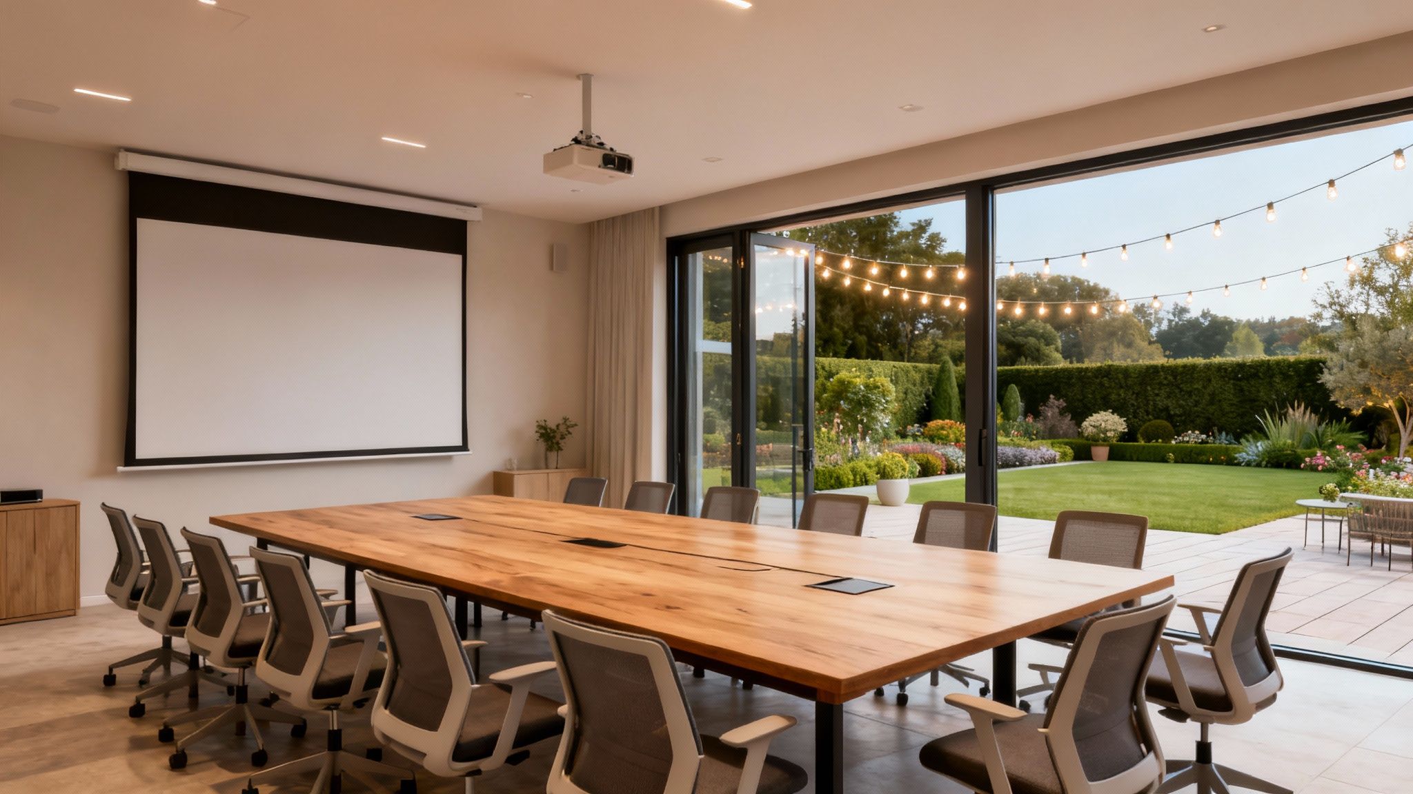 Sala de conferencias moderna con proyector y pantalla, mesa de madera, sillas ergonómicas y vistas a un jardín iluminado.