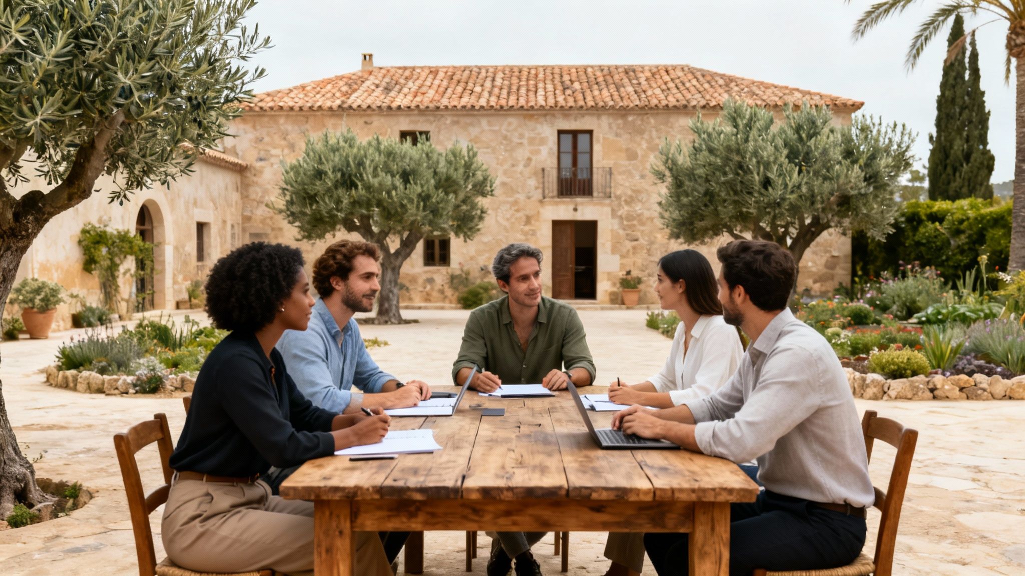 Seis profesionales tienen una reunión de trabajo al aire libre en el patio de un hotel rural con jardín.
