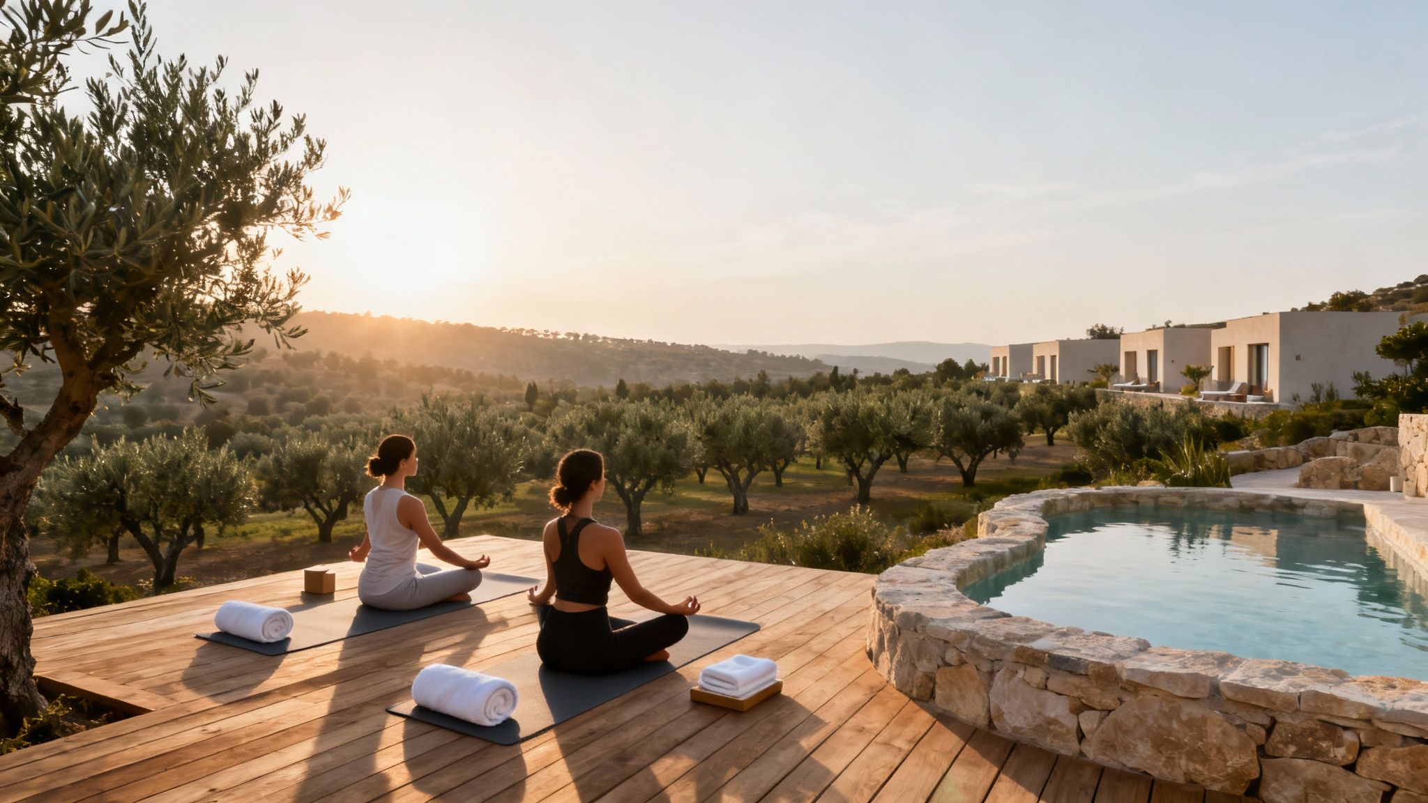 Dos mujeres meditan en un idílico atardecer, rodeadas de olivos y edificios modernos con piscina.