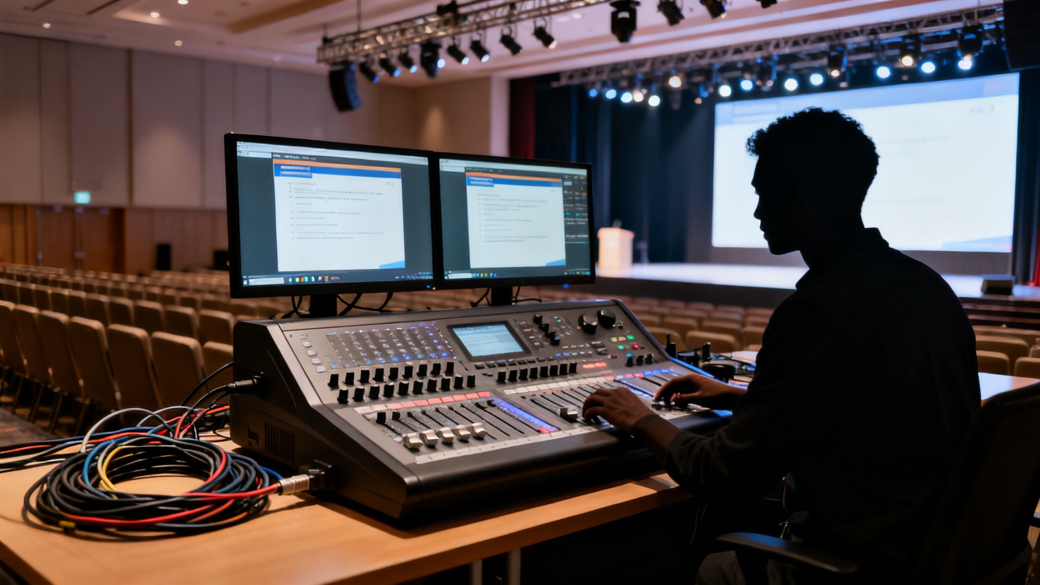 Silueta de un técnico operando una mesa de mezclas y monitores en un auditorio vacío antes de un evento.