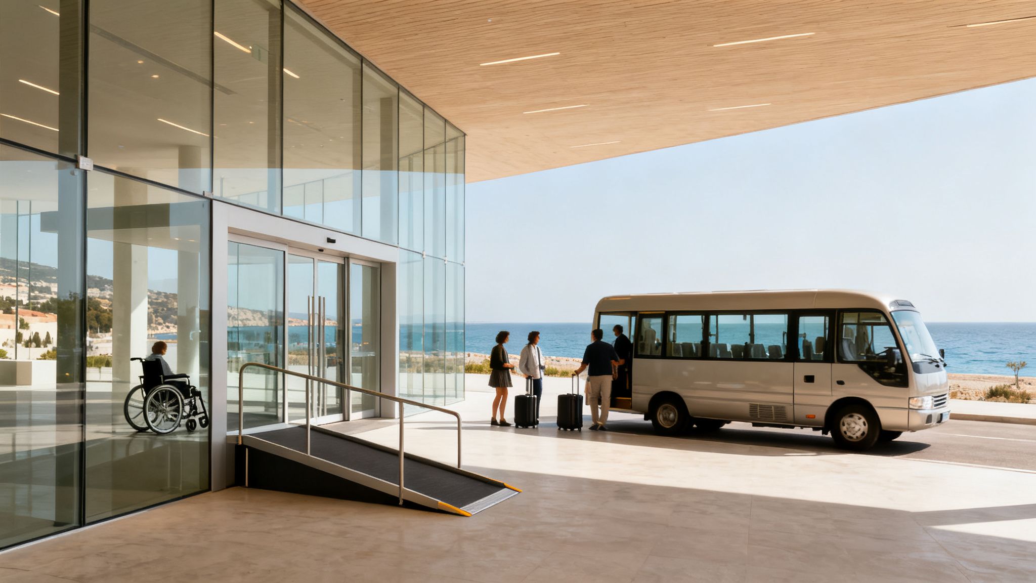 Edificio moderno junto al mar con rampa. Personas bajan de un autobús y una persona en silla de ruedas.