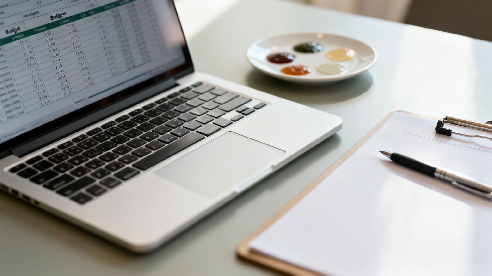 Escritorio de trabajo con portátil, presupuesto en pantalla, salsas variadas y portapapeles con bolígrafo.