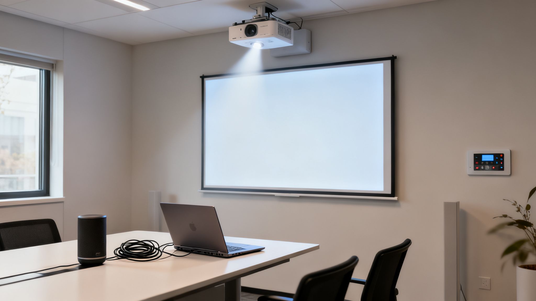 Sala de reuniones moderna con proyector encendido, pantalla blanca, laptop y altavoz sobre mesa.