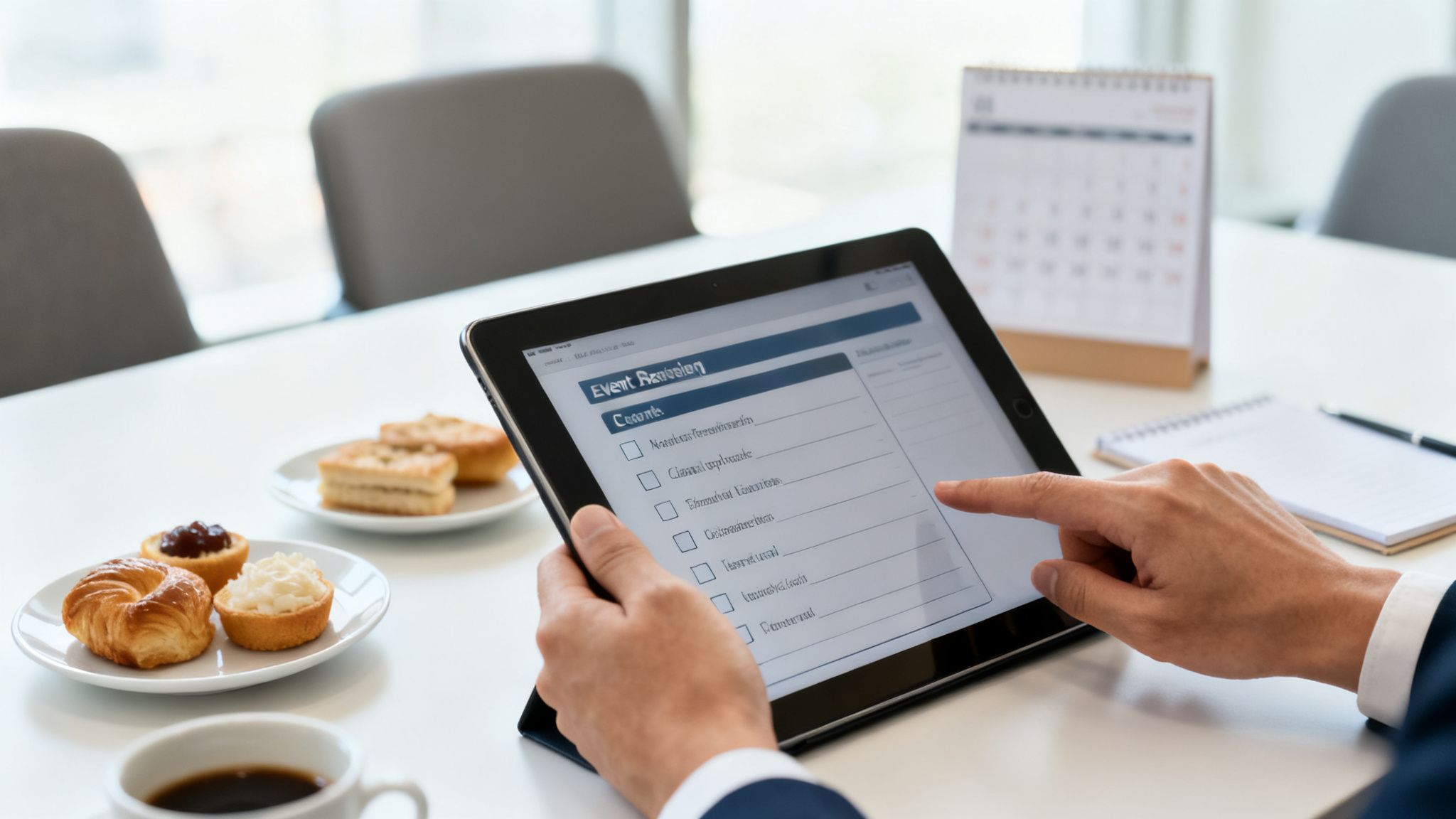 Hombre en una oficina organizando un evento con una tablet, con postres y café en la mesa.