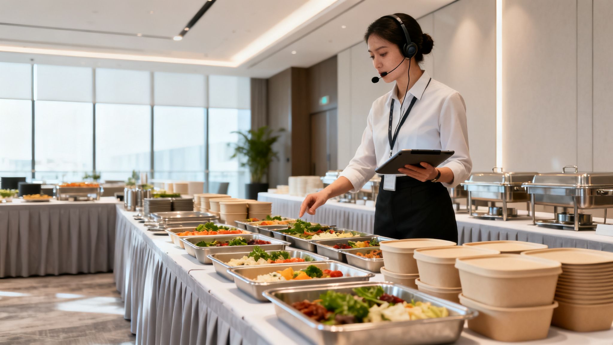 Mujer con auricular y uniforme revisa un buffet de comida saludable en un evento corporativo.