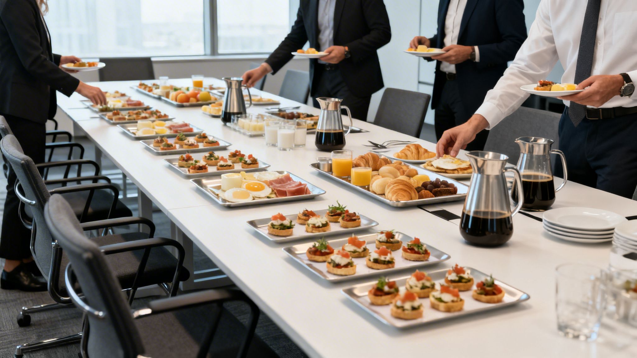 Personas de negocios se sirven el desayuno de un buffet en una sala de reuniones de oficina.