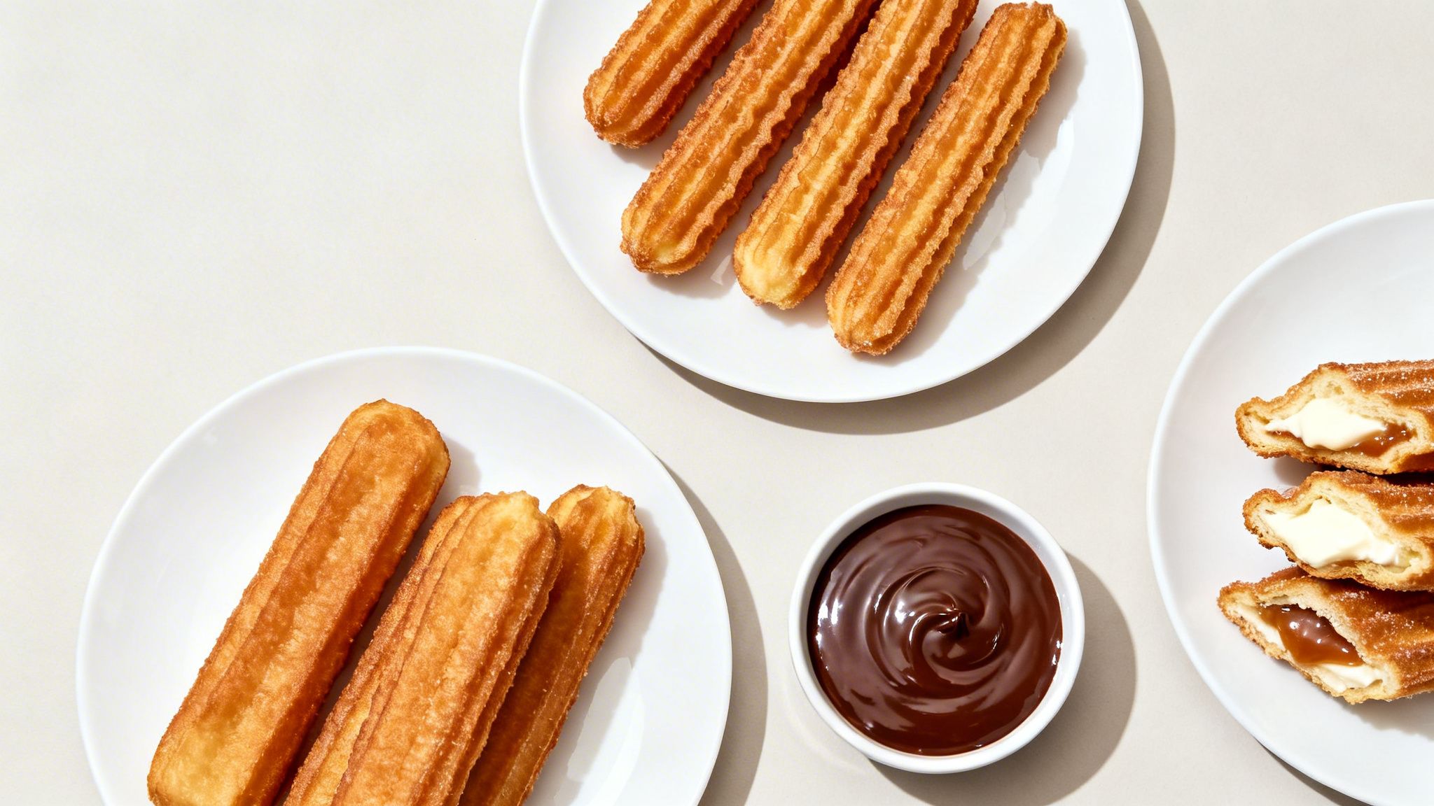 Deliciosos churros con azúcar en platos blancos, algunos rellenos de crema y dulce de leche, con salsa de chocolate.