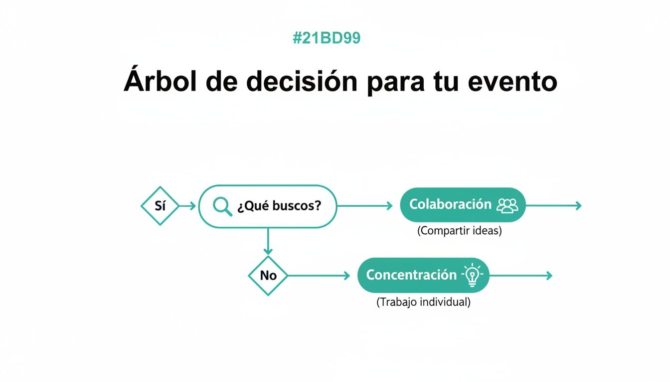Diagrama de flujo para decidir el enfoque de un evento: colaboración o concentración de ideas.