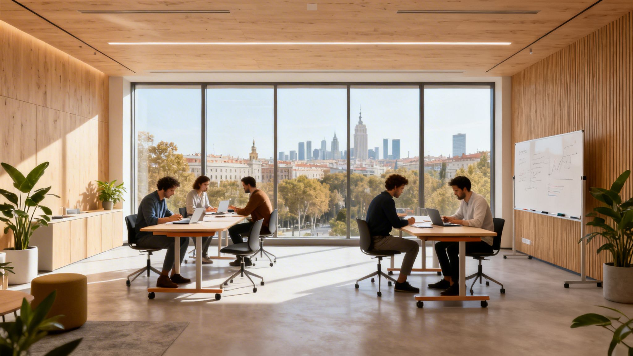Un moderno espacio de coworking con varias personas trabajando en laptops y vistas a un paisaje urbano.