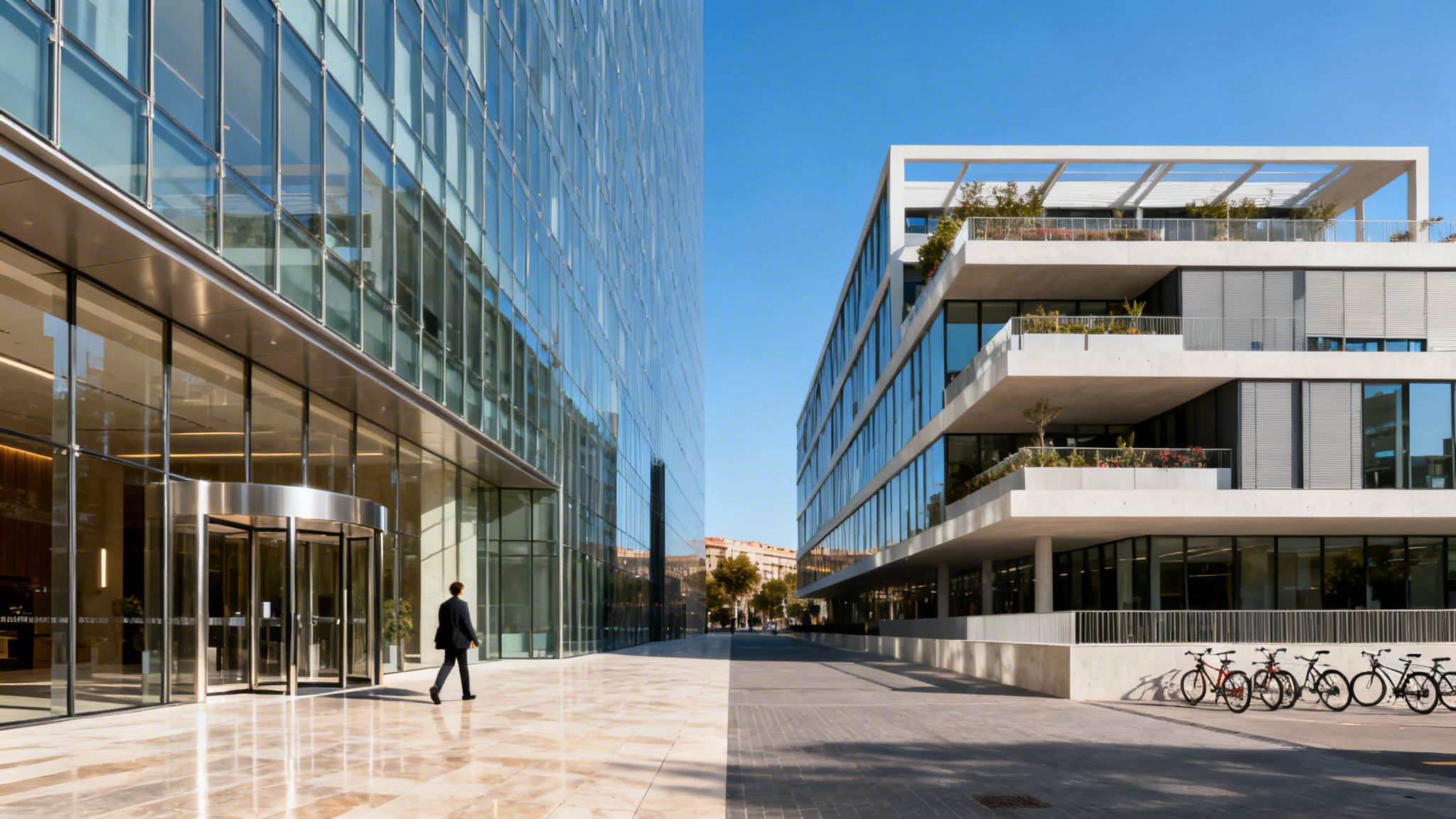 Dos modernos edificios de oficinas con fachadas de cristal y balcones, con una persona caminando.