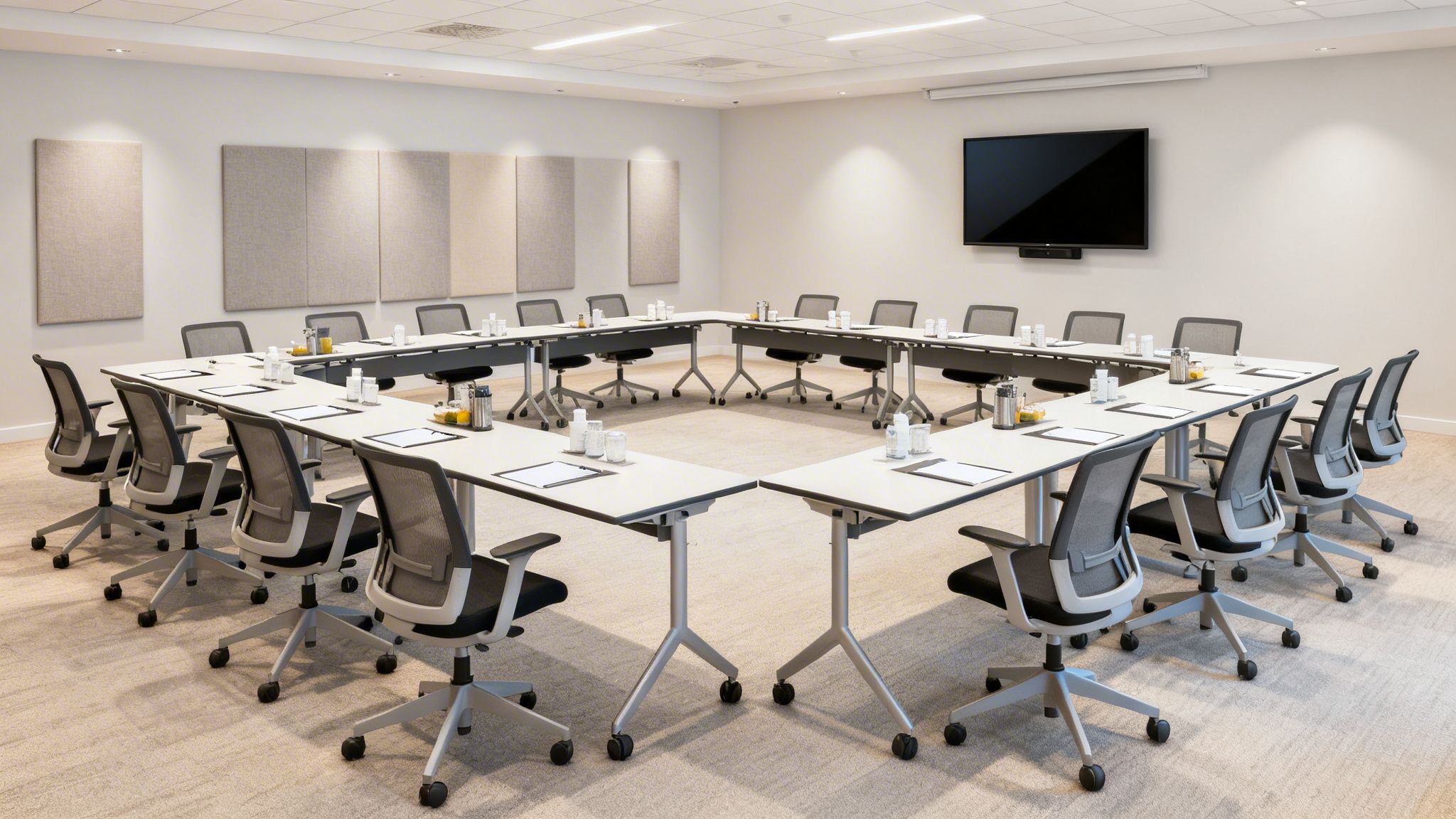 Una sala de reuniones moderna y luminosa con una gran mesa en forma de U y sillas ergonómicas.