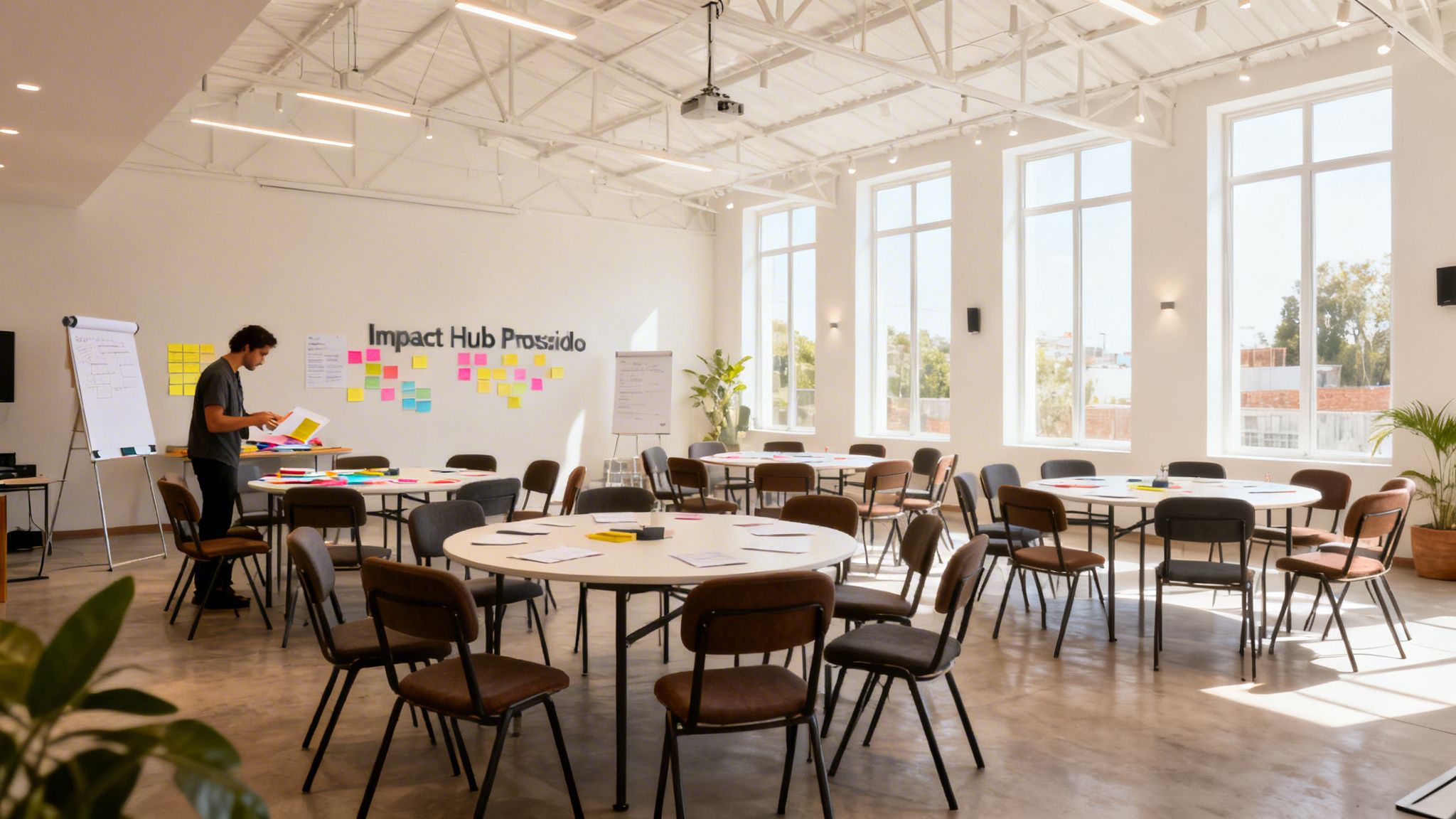 Un hombre en un espacio de trabajo moderno con mesas redondas, sillas, pizarras y notas adhesivas en la pared. Grandes ventanas iluminan la sala.