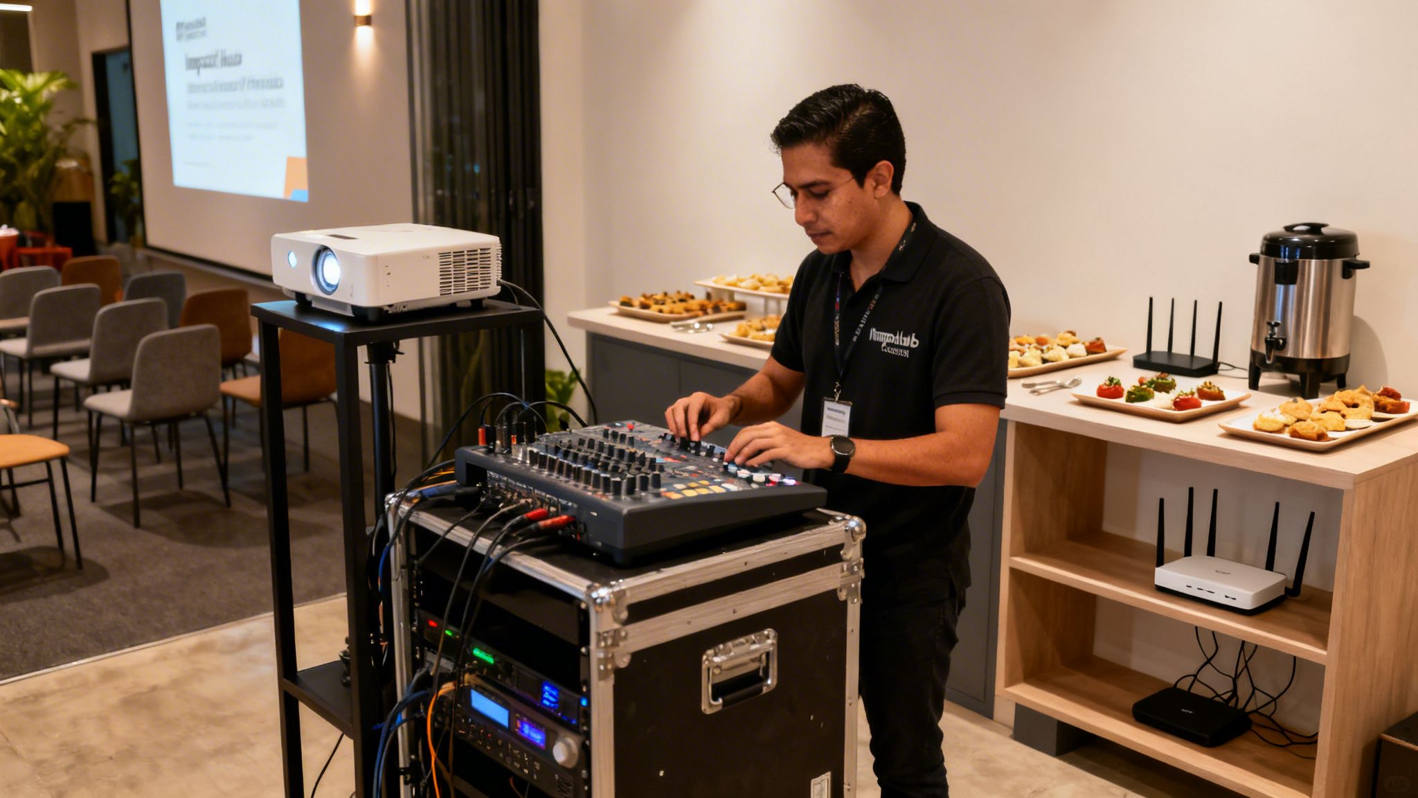 Un técnico ajusta equipos de sonido en un evento, con un proyector y asientos para la audiencia.