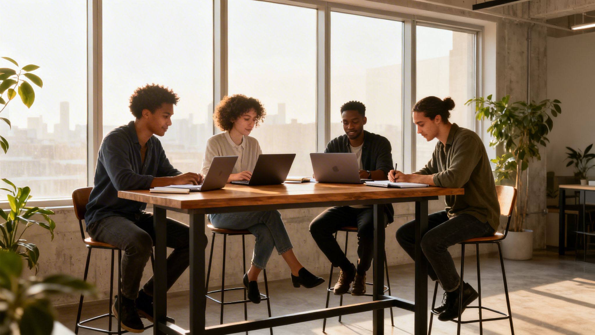 Cuatro jóvenes diversos trabajan con laptops y cuadernos en una oficina luminosa con vistas a la ciudad.