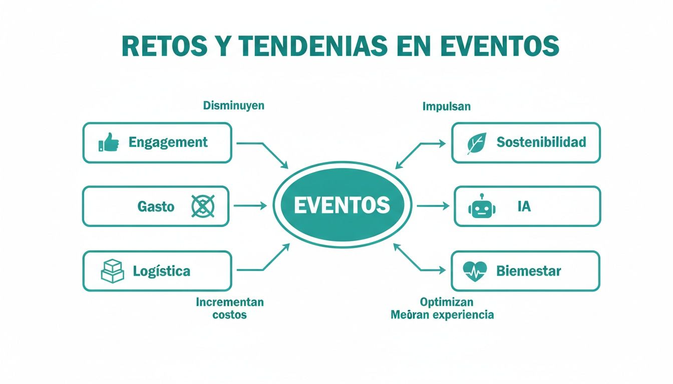 Diagrama visual que muestra retos y tendencias clave en la gestión y organización de eventos.