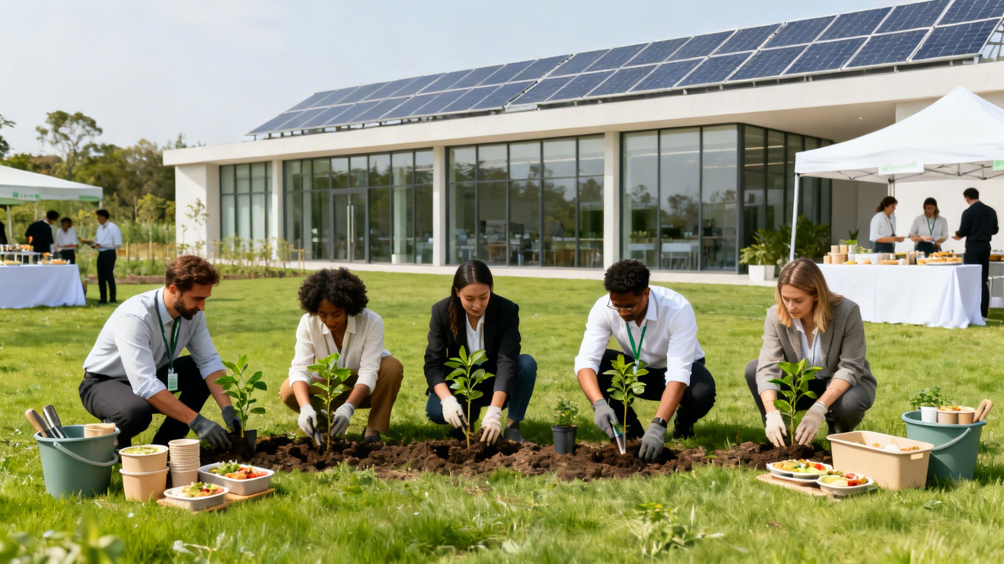 Grupo de personas plantando árboles frente a un edificio con paneles solares durante un evento corporativo de sostenibilidad.