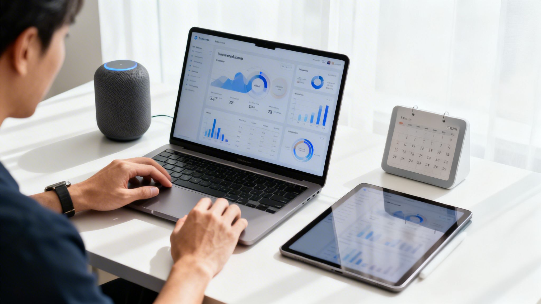 Un hombre utiliza un portátil para analizar datos, con un altavoz inteligente y una tablet a su lado.