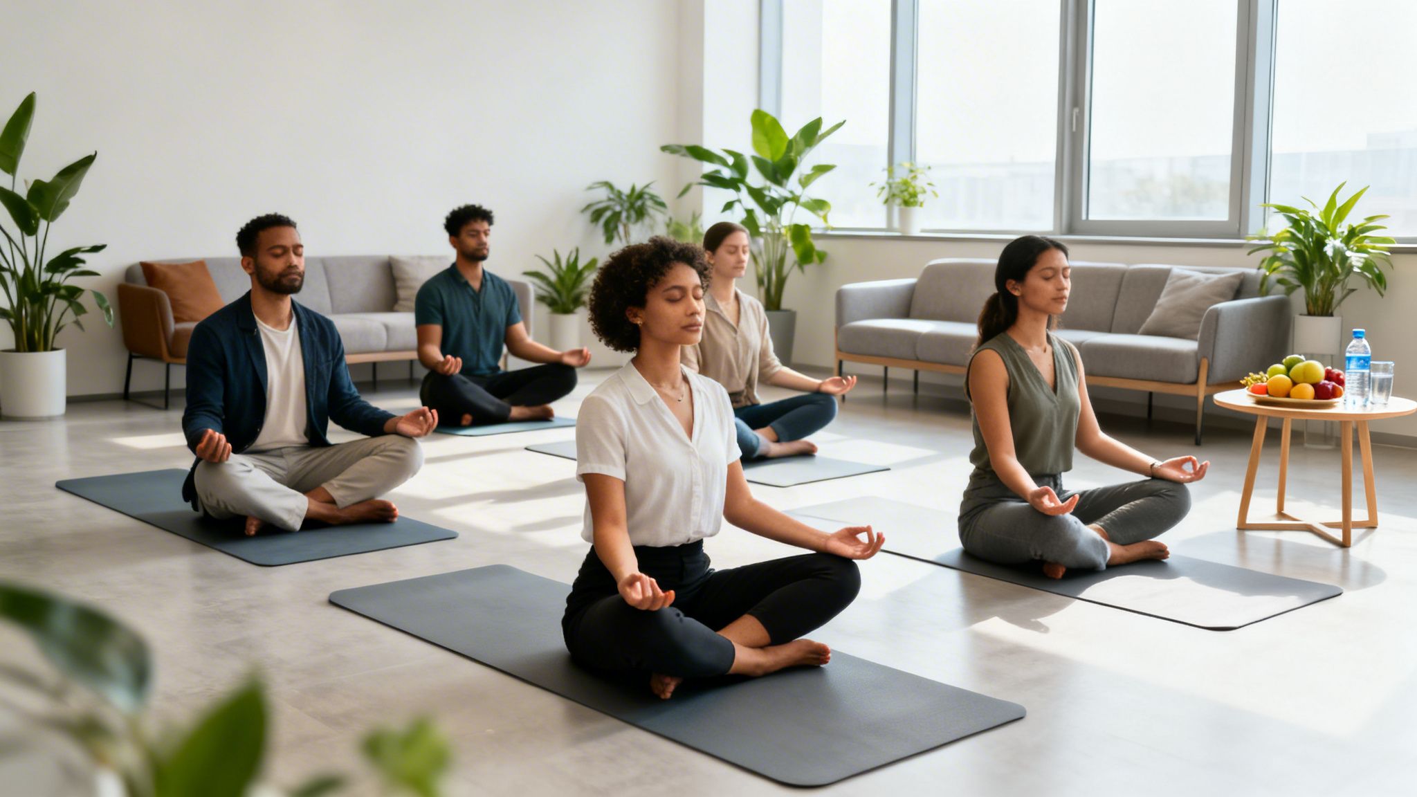 Cinco personas meditando en una oficina luminosa, sentadas en colchonetas de yoga con los ojos cerrados.