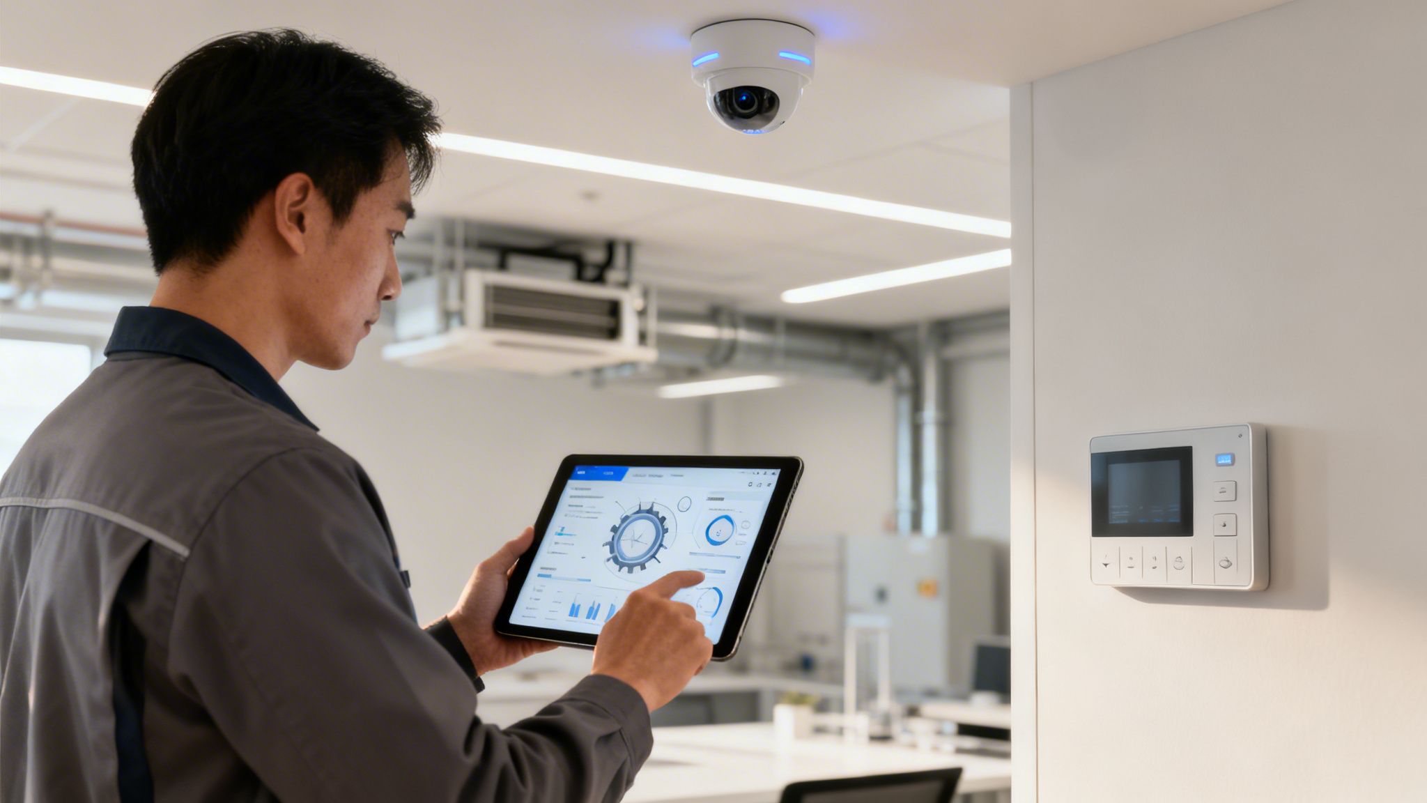 Hombre en uniforme interactuando con una tablet, gestionando un sistema de seguridad y control de edificios.