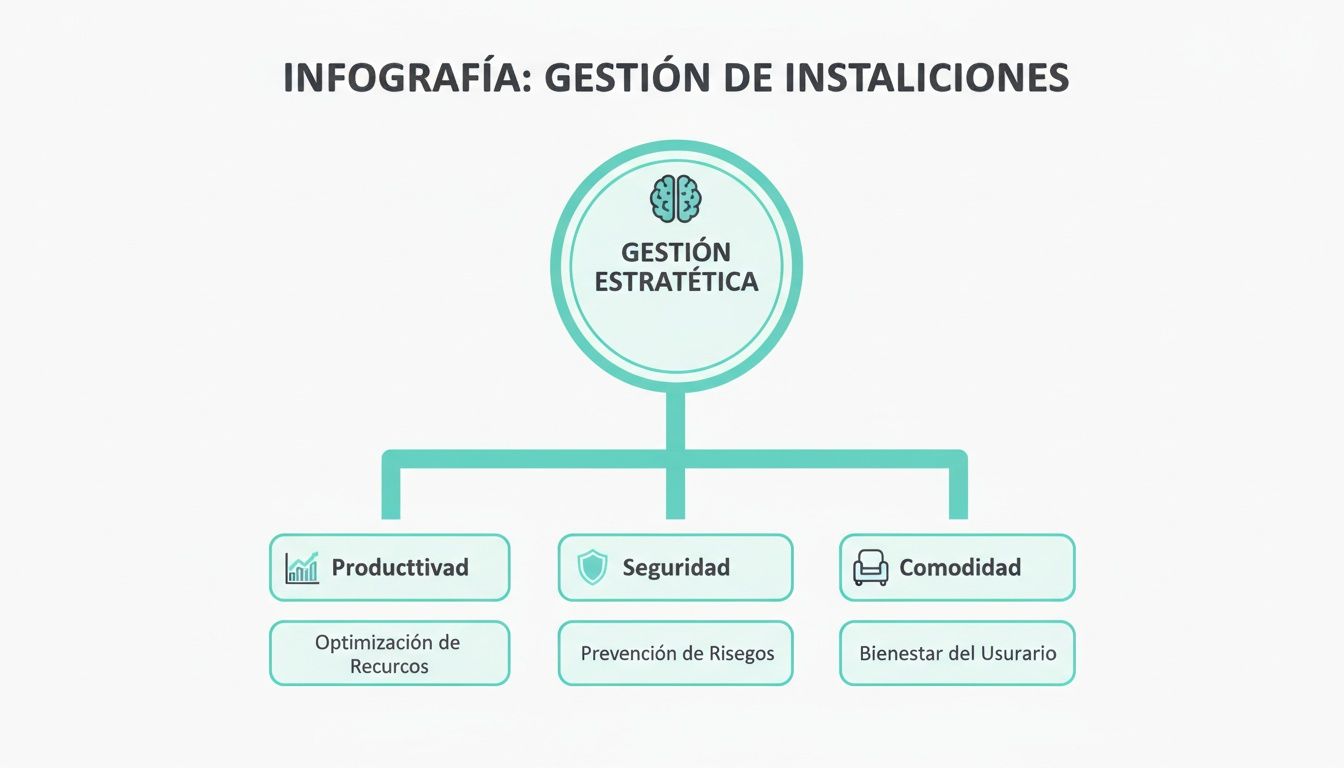 Infografía detallada sobre la gestión de instalaciones, destacando la gestión estratégica, productividad, seguridad y comodidad.