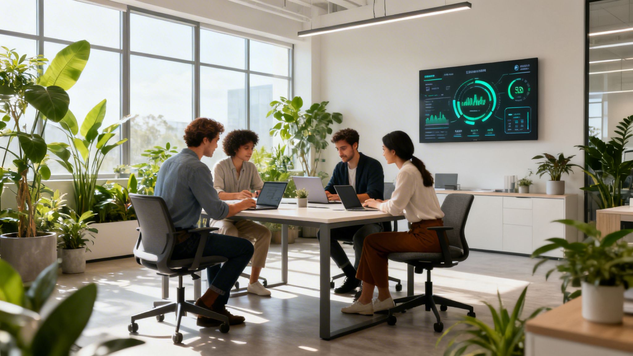 Cuatro profesionales trabajan en laptops alrededor de una mesa en una oficina moderna y luminosa con muchas plantas.