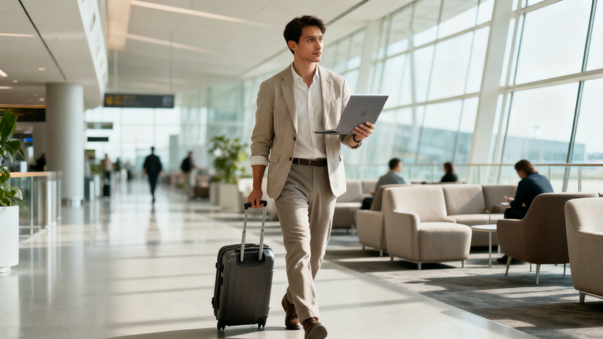 Un hombre de negocios camina por un moderno aeropuerto con una maleta y un portátil, listo para viajar.