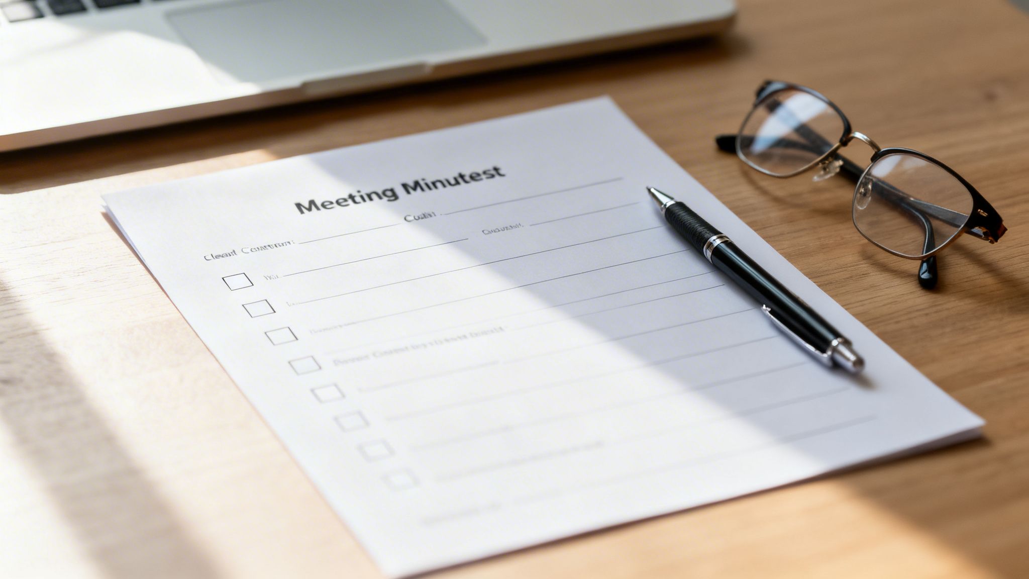 Plantilla de acta de reunión con bolígrafo, gafas y portátil en un escritorio de madera iluminado.