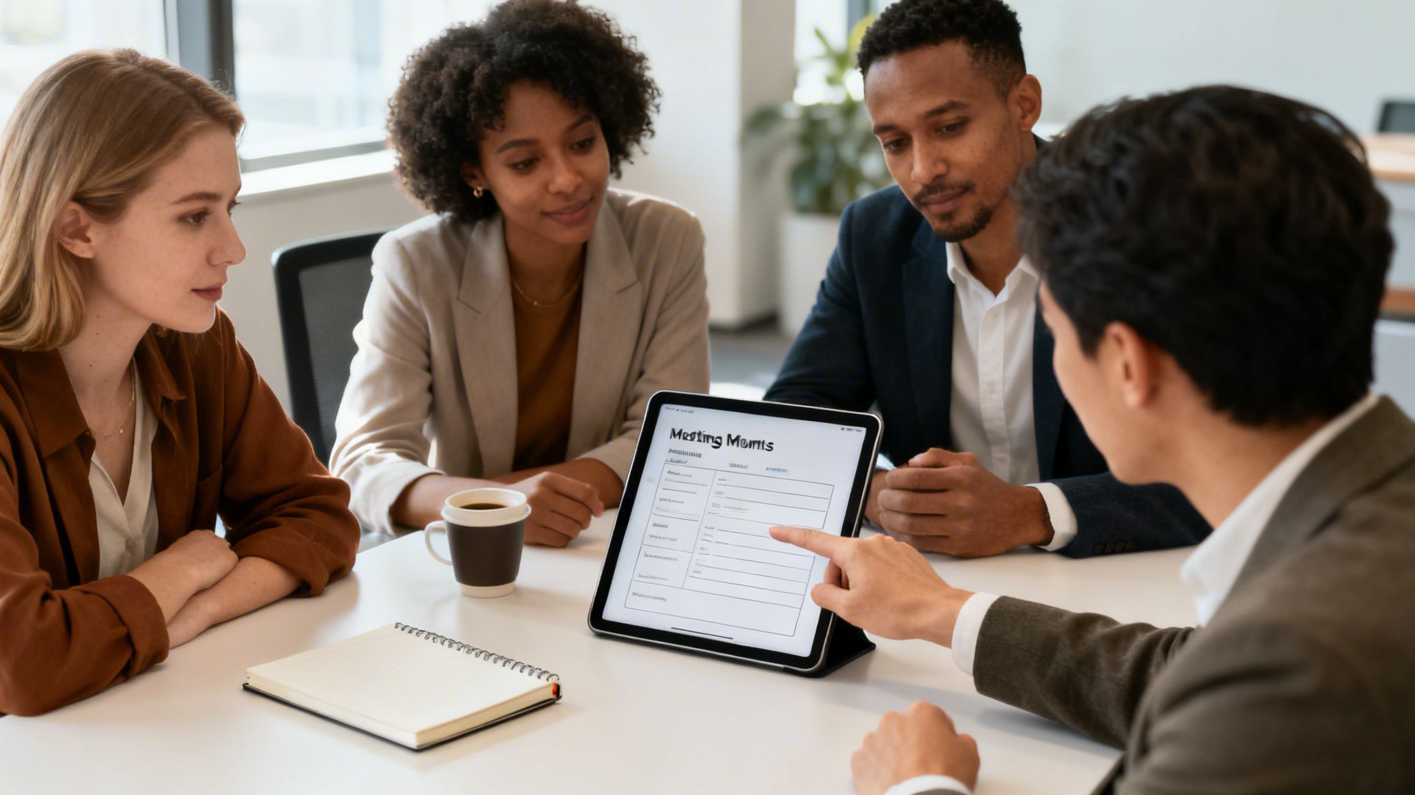 Cuatro profesionales discuten una plantilla de actas de reunión en una tablet en un entorno de oficina.