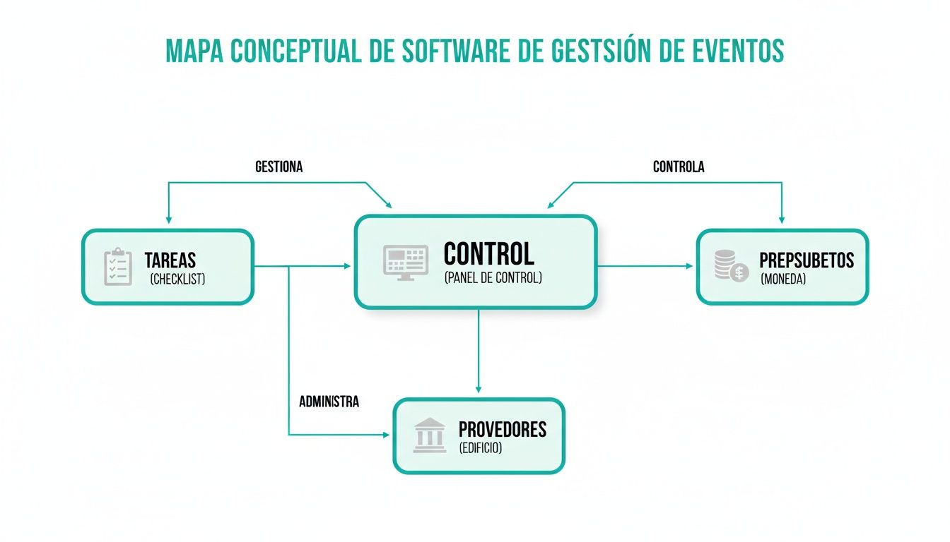 Mapa conceptual del software de gestión de eventos que interconecta el control central con tareas, presupuestos y proveedores.