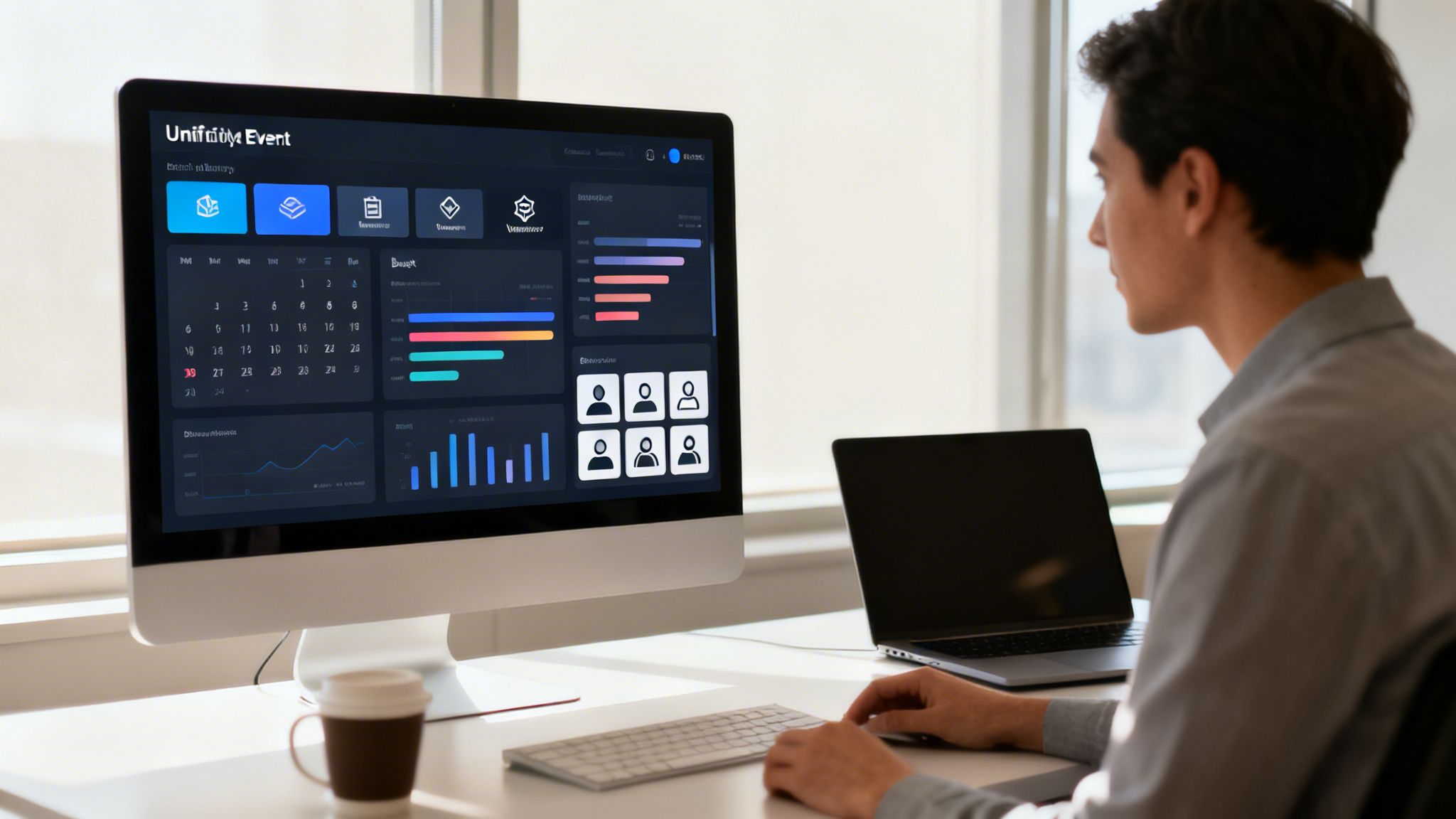 Hombre en un escritorio usando un software de gestión de eventos en un monitor grande, con un portátil al lado.