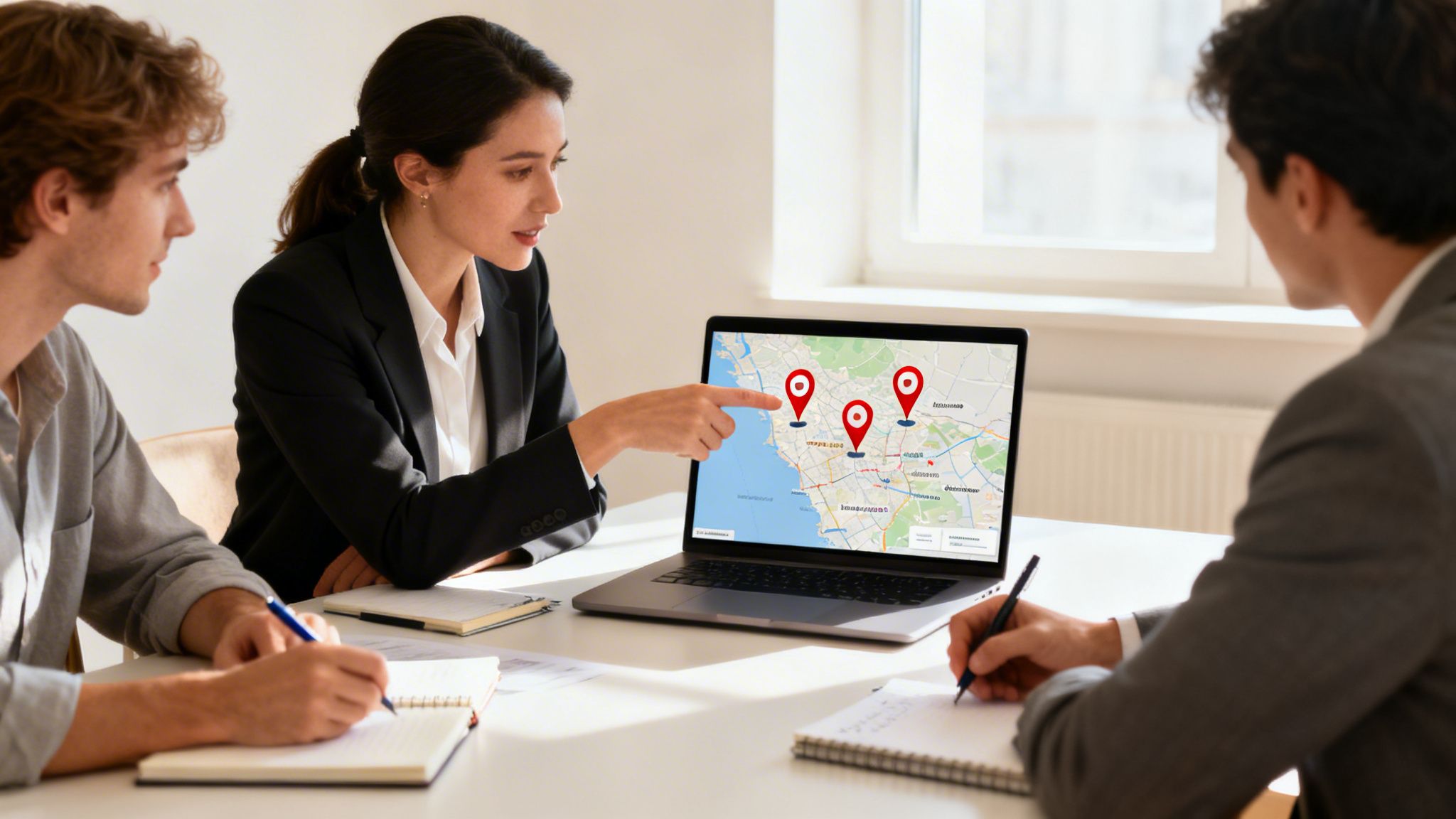Tres personas en una reunión de negocios; una mujer señala un mapa con pines de ubicación en un portátil, mientras dos hombres toman notas.