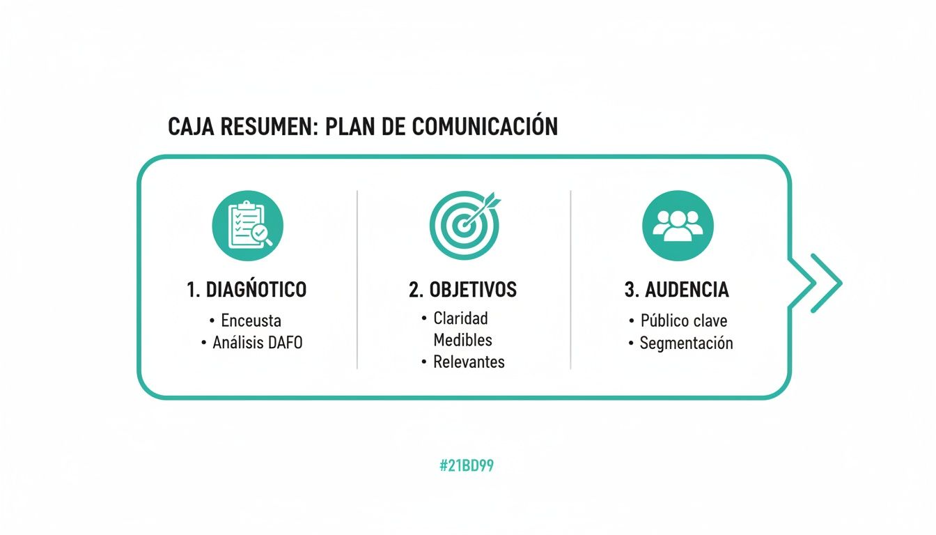 Caja resumen visualizando los tres pasos clave de un plan de comunicación: diagnóstico, objetivos y audiencia.