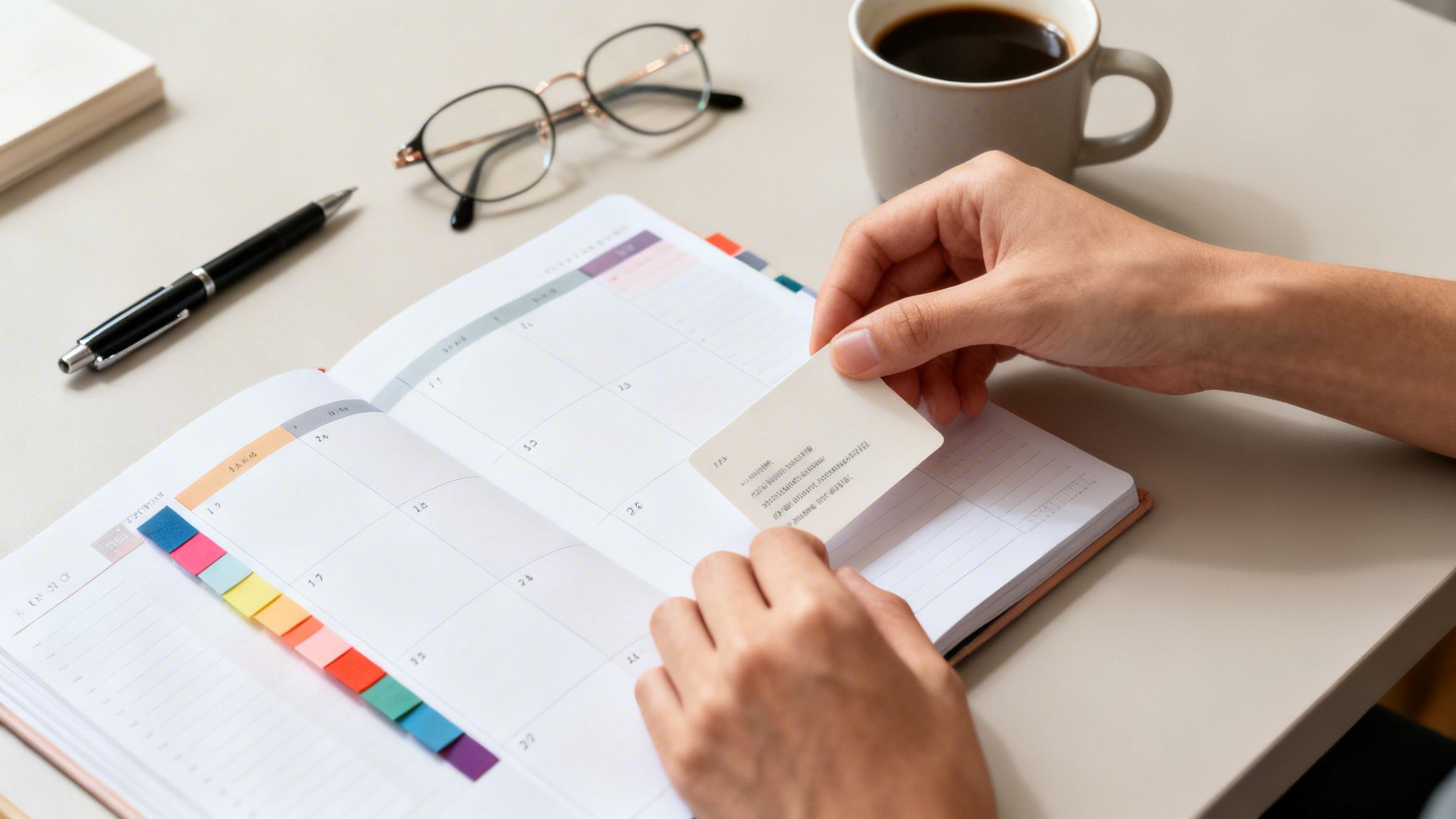 Manos sosteniendo una tarjeta sobre un planificador abierto en un escritorio con café y gafas.