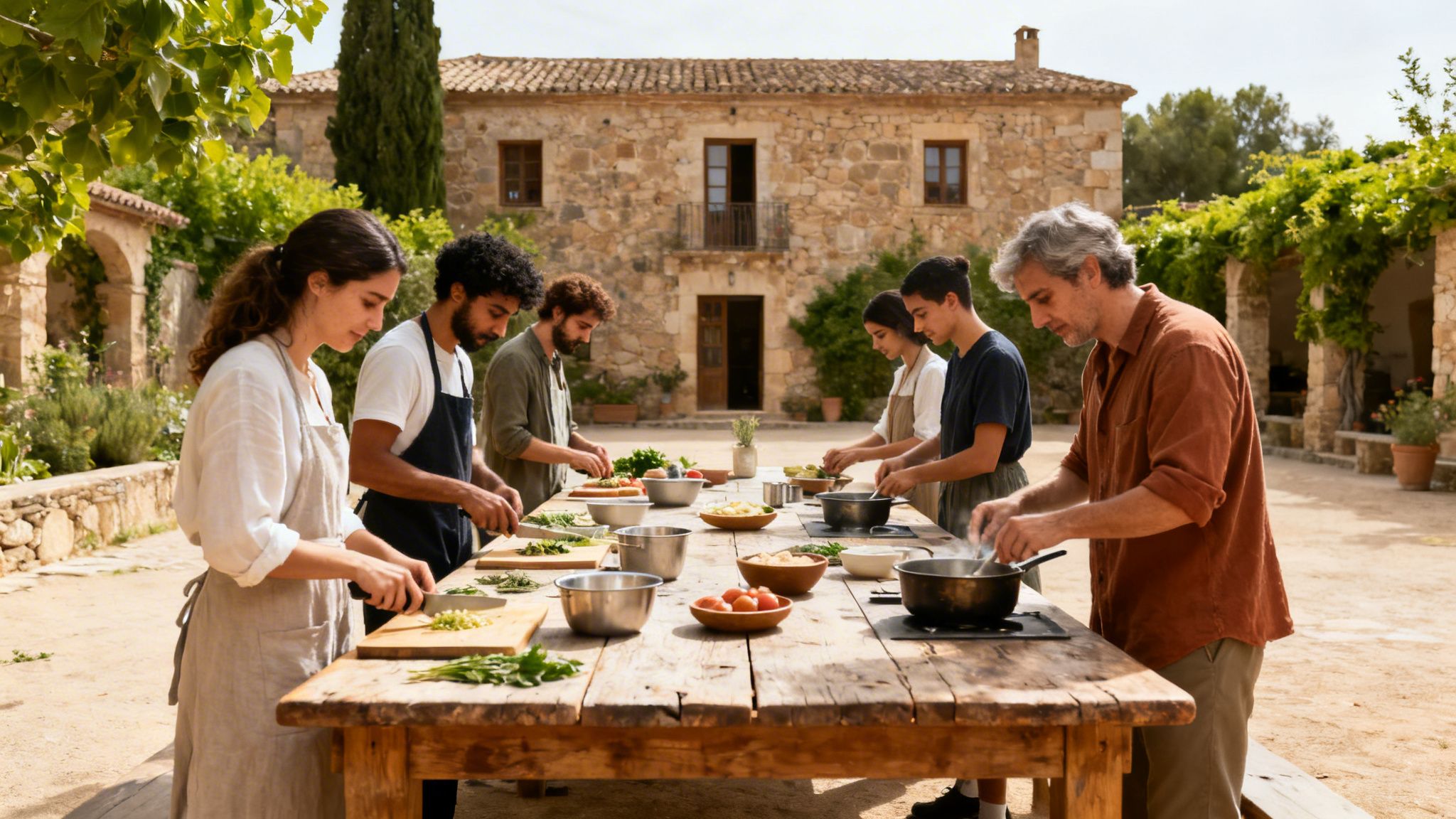 Un grupo de personas cocinando y picando verduras en una mesa de madera al aire libre.