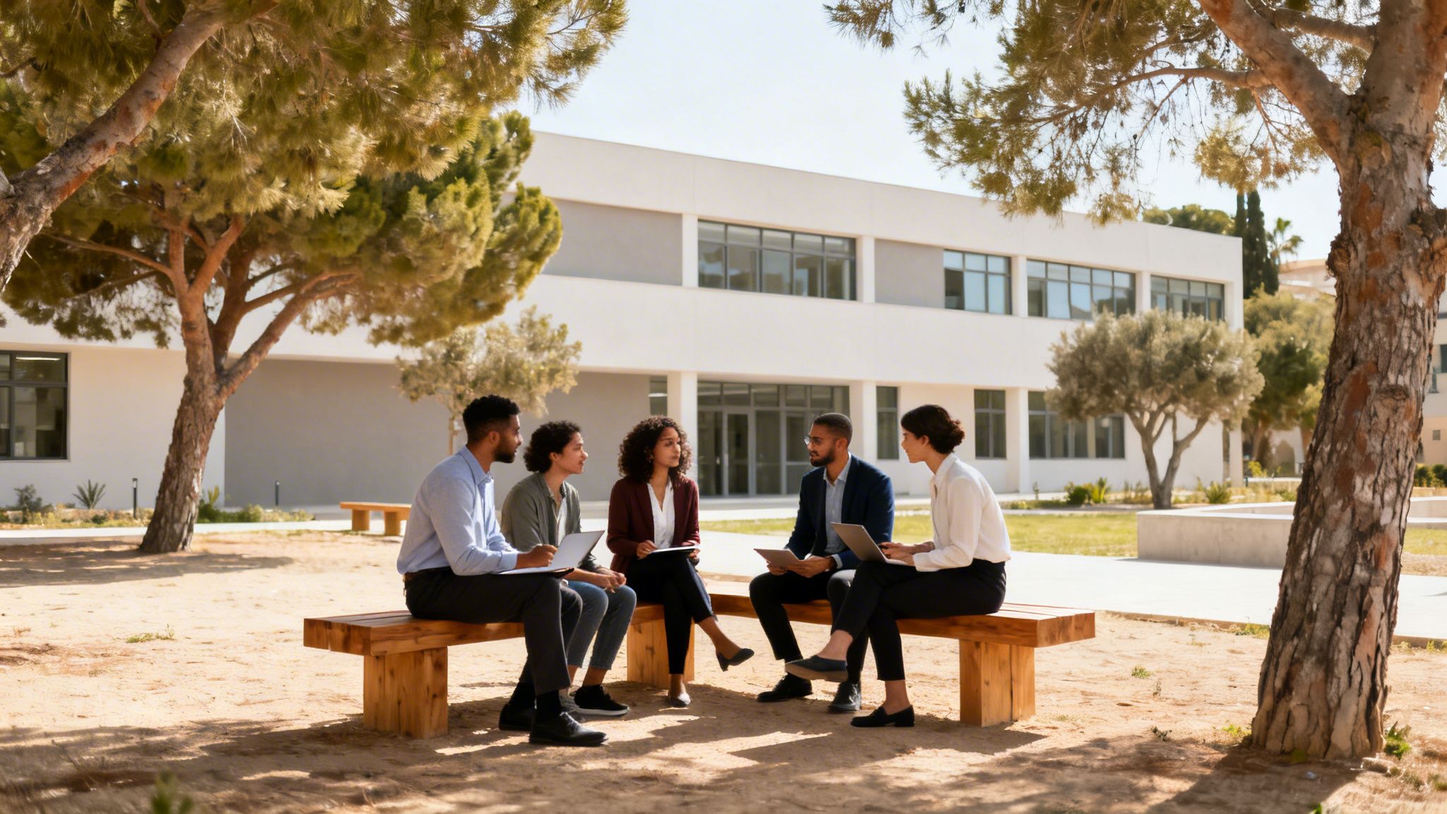 Cinco profesionales diversos sentados en un banco al aire libre, discutiendo con laptops en un campus moderno.
