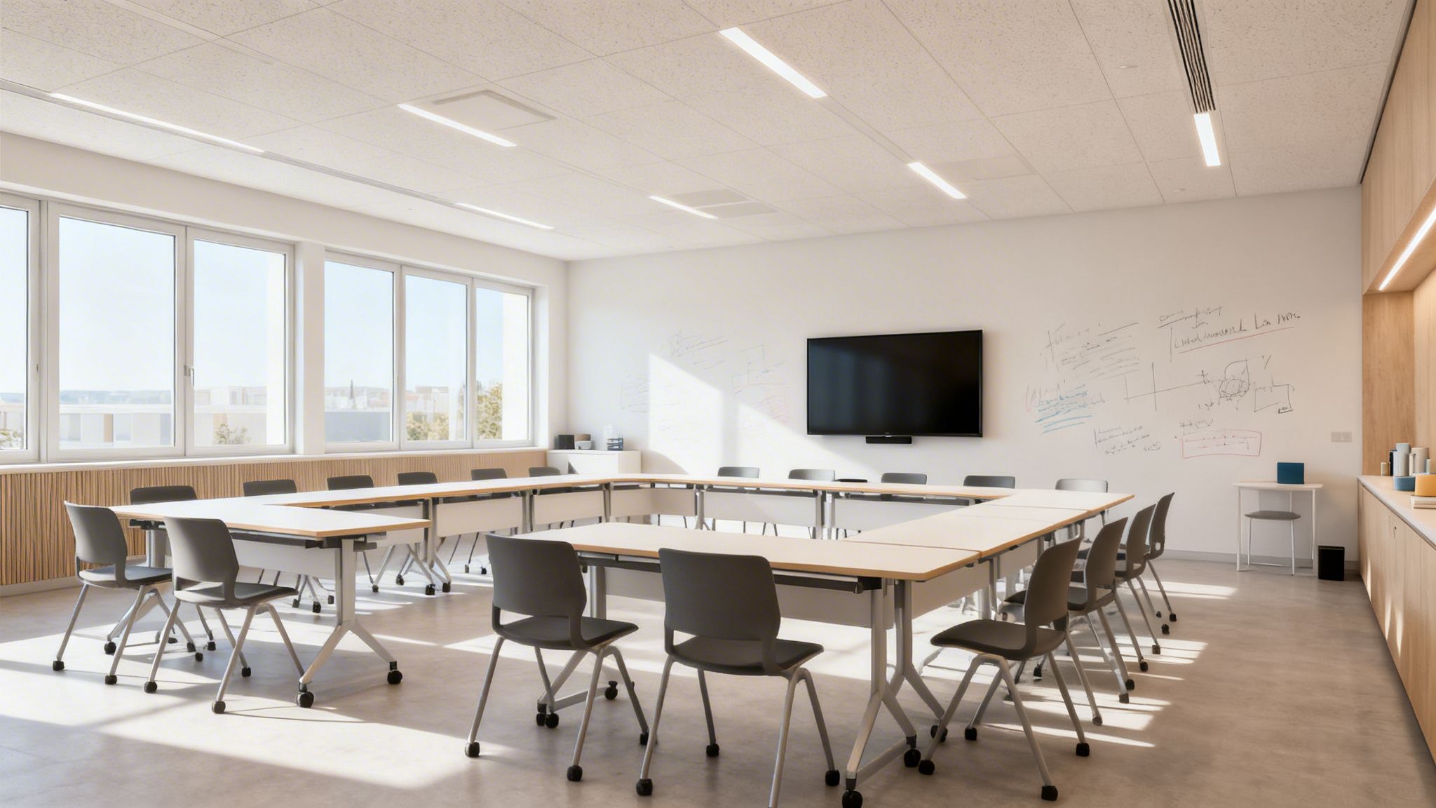 Sala de reuniones o aula moderna y luminosa con mesas en forma de U, sillas, televisión y ventanas grandes.